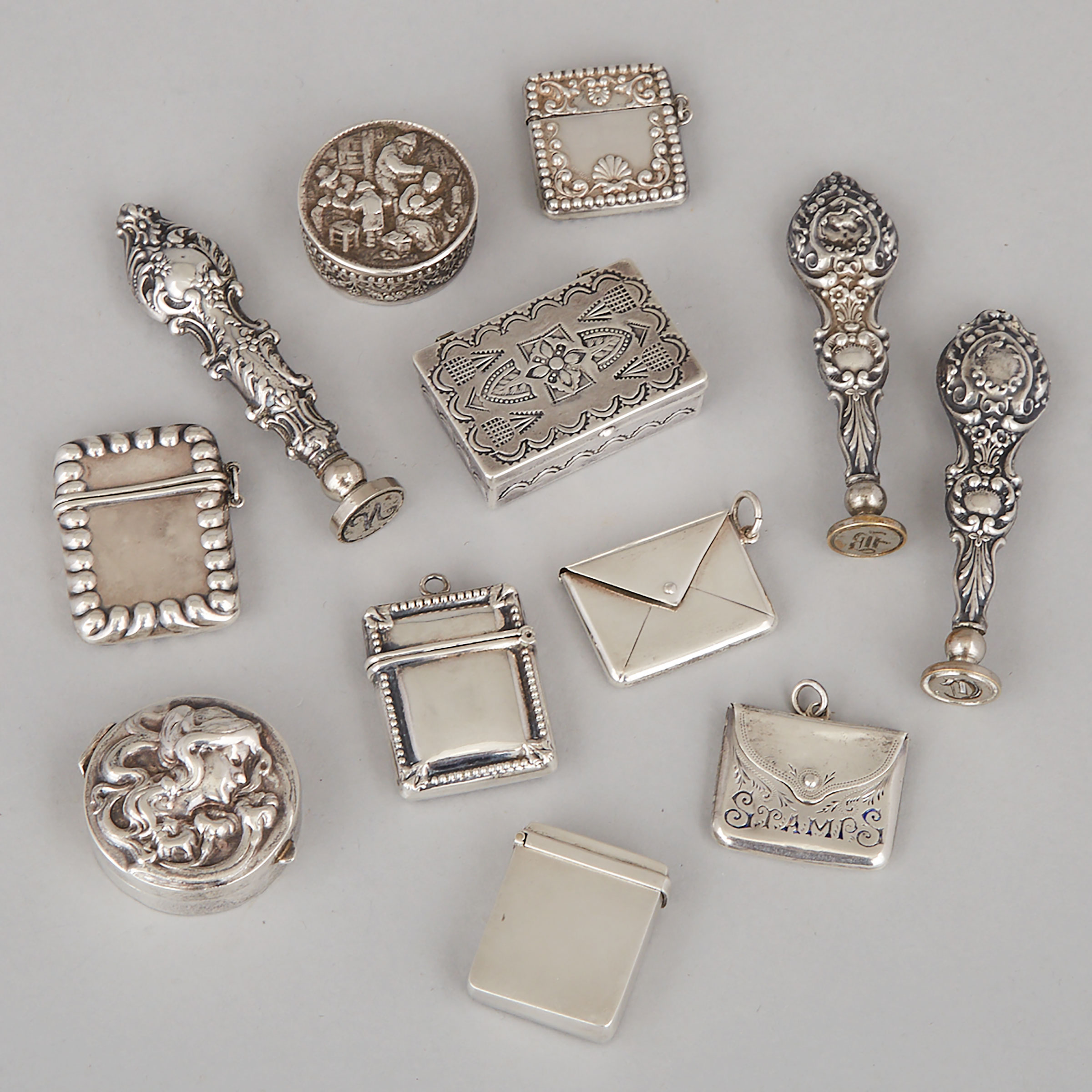 Nine Mainly American Silver Small Boxes and Three Desk Seals, 20th century