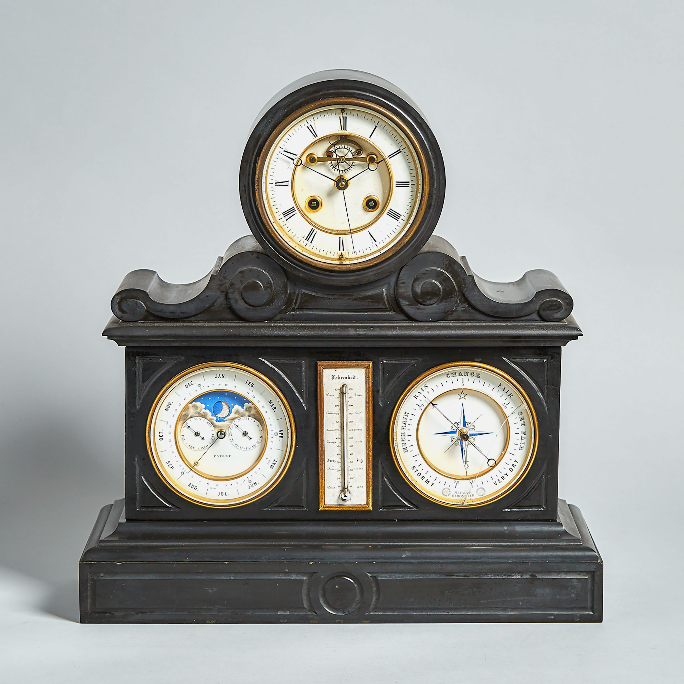 French Belgian Black Marble Mantle Clock with Moon Phases, Equation of Time, Perpetual Calendar, Barometer and Thermometer, c.1880
