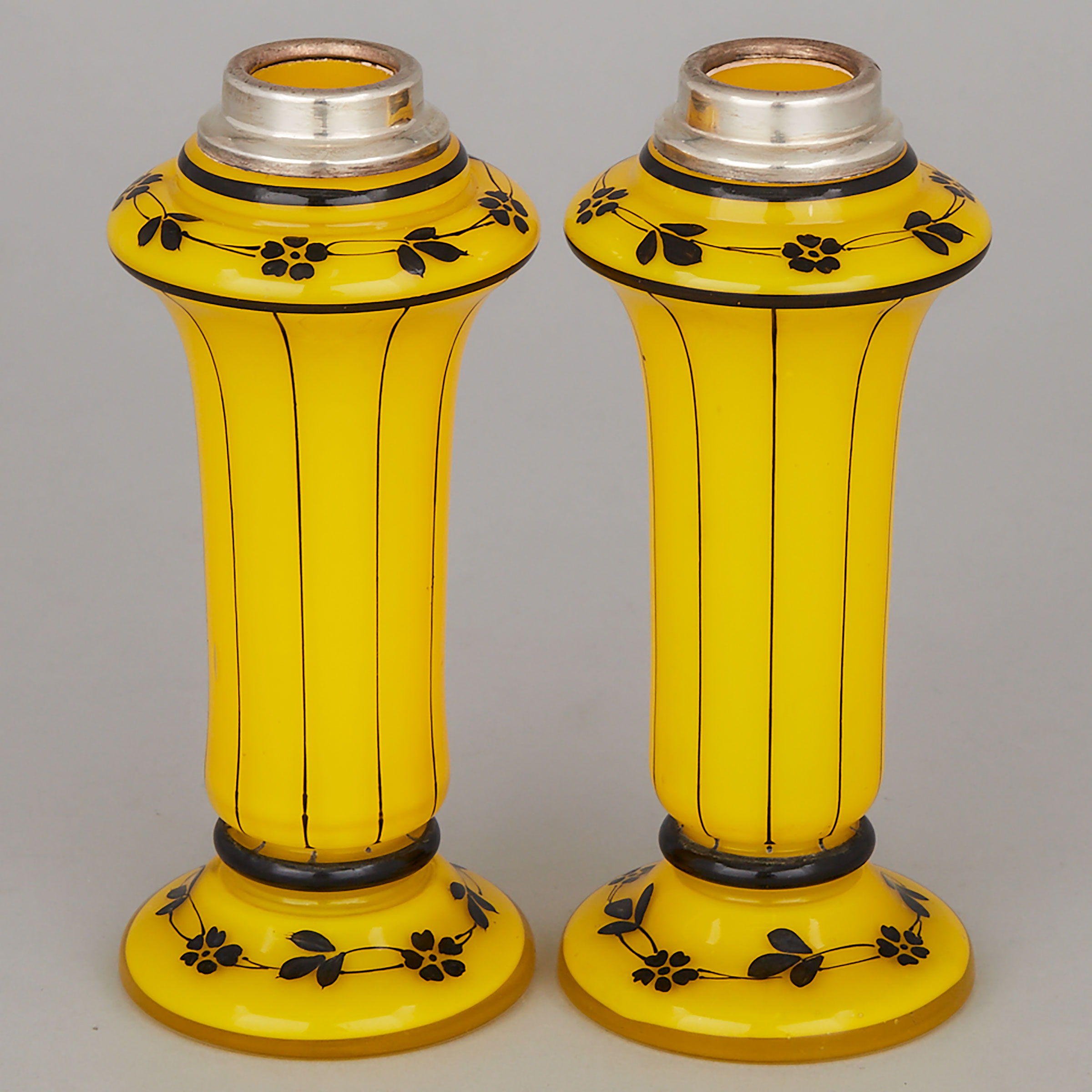 Pair of Silver Mounted Bohemian Enameled Yellow Glass Vases, 1920s