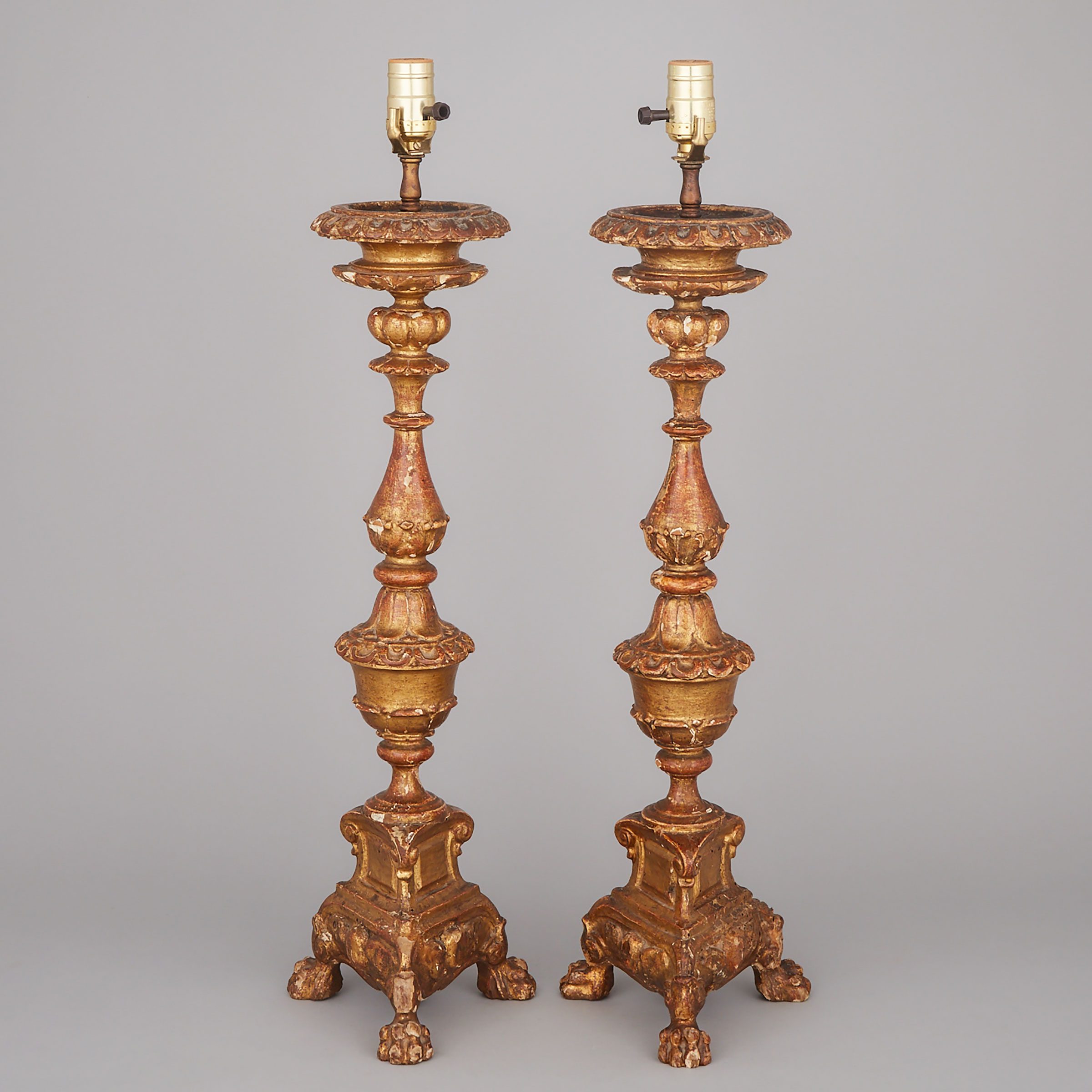 Pair of Italian Baroque Style Gilt Wood Pricket Form Table Lamps, 19th century