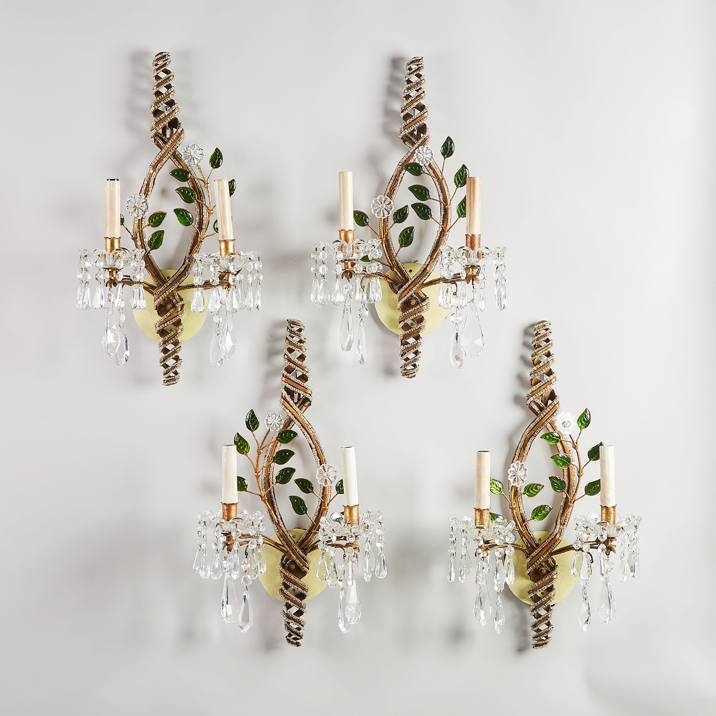 Set of Four Italian Glass and GIlt Metal Two Light Wall Sconces, early 20th century