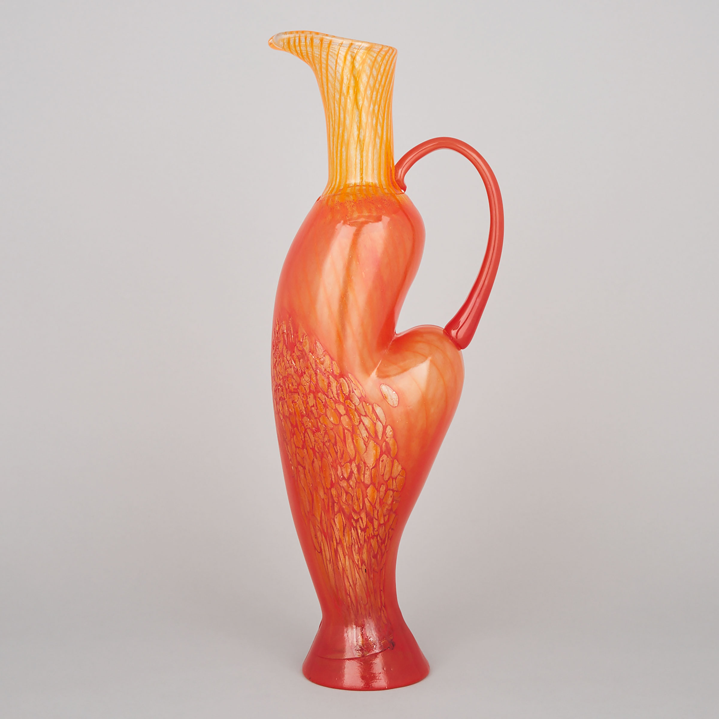 Kosta Boda Striped and Mottled Orange Glass Ewer, Kjell Engman, c.2000
