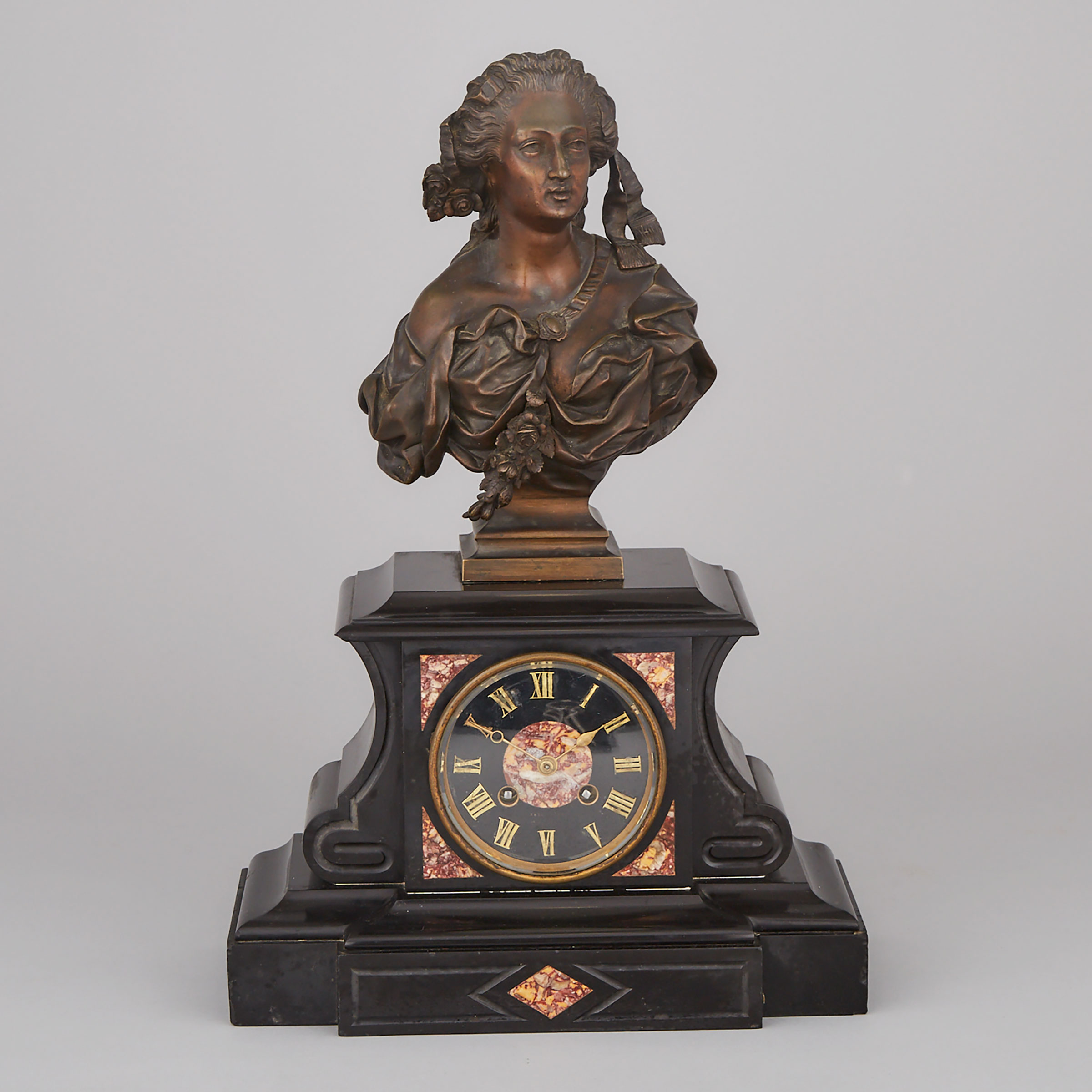 French Bronze Bust Mounted Black Belgian Marble Mantle Clock, late 19th century