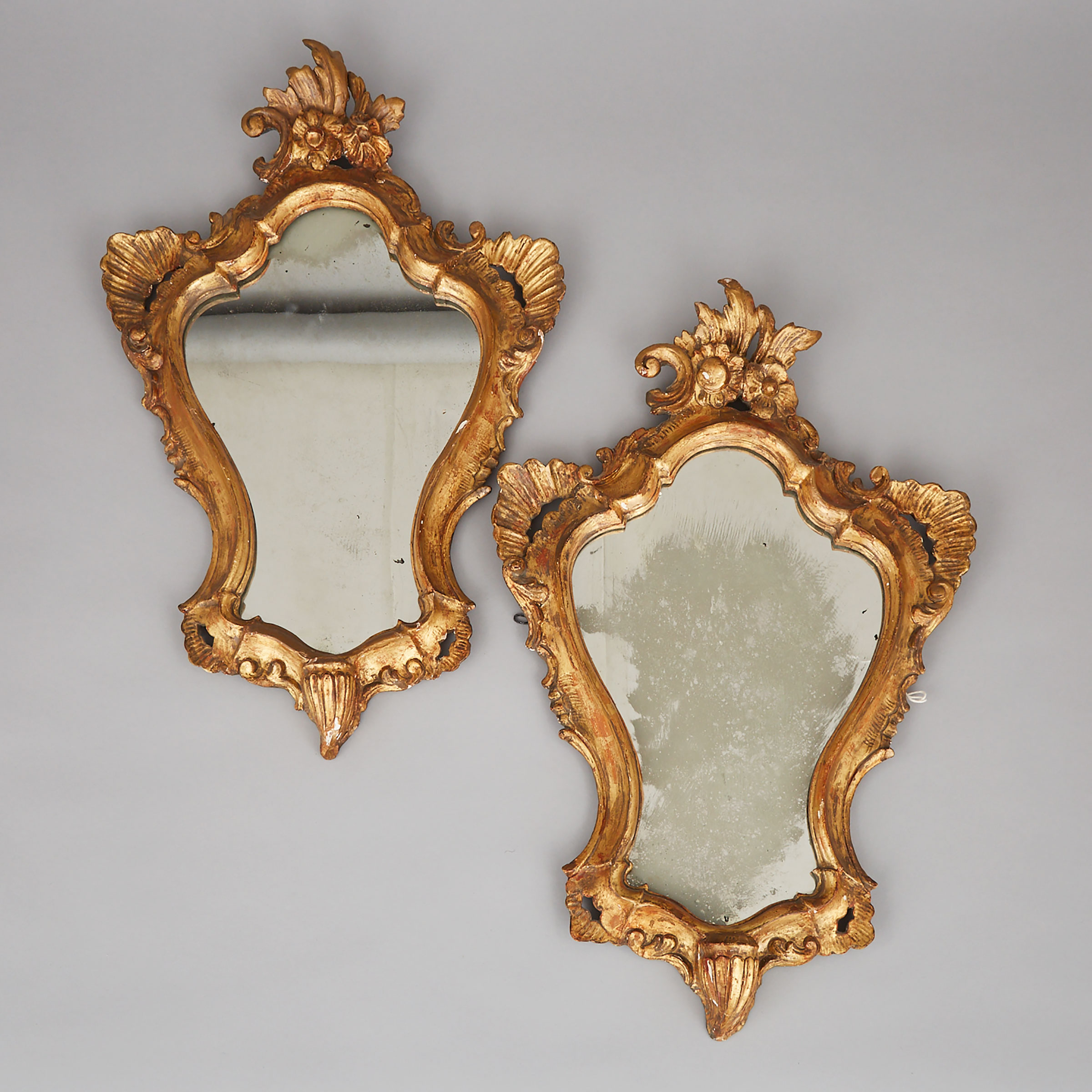 Pair of Florentine Rococo Style Gilt Wood Mirrors, mid 20th century