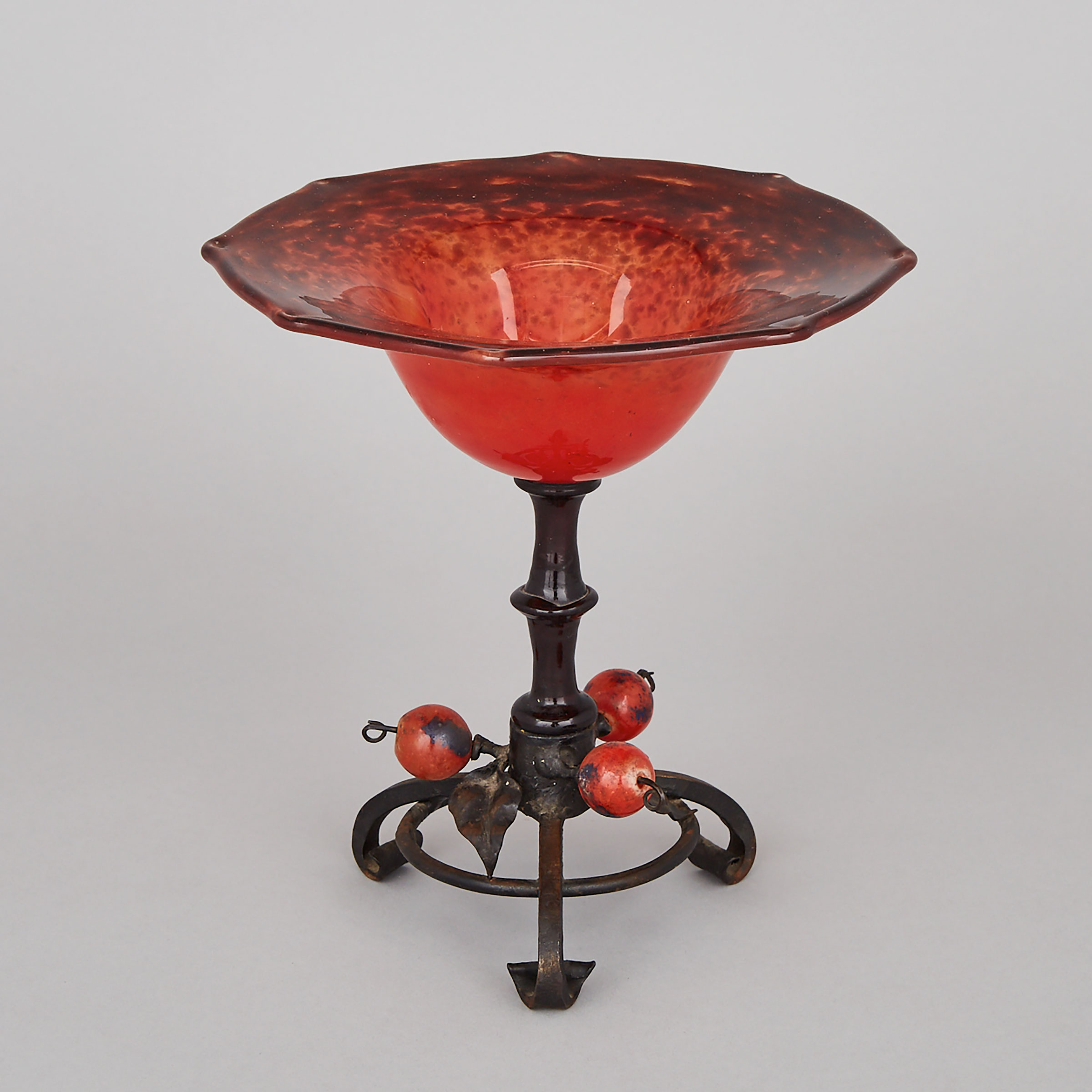 Schneider Wrought Metal Mounted Mottled Orange Glass Footed Comport, early 20th century
