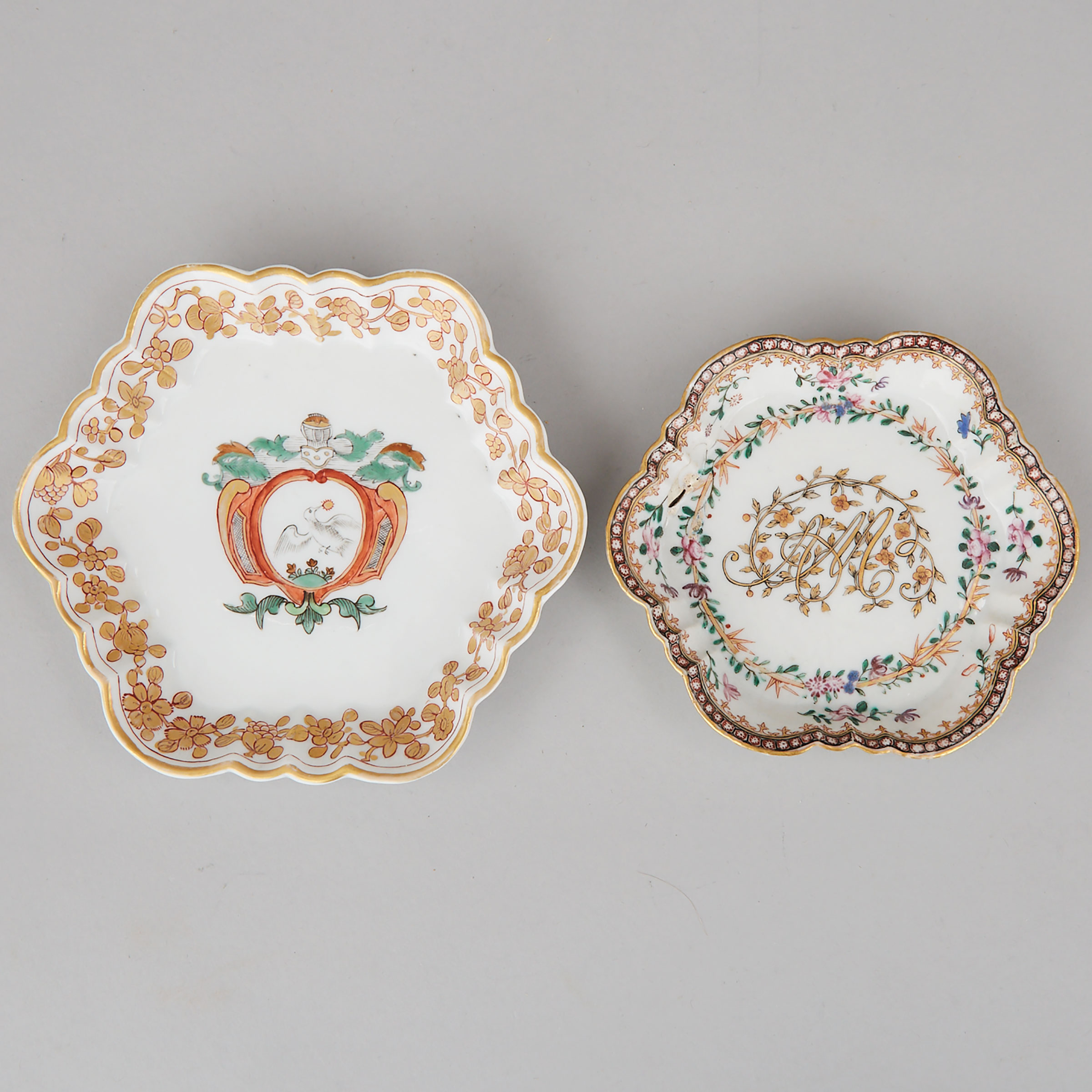 Two Chinese Export Style Armorial Porcelain Teapot Stands, the larger possibly French, late 18th/19th century