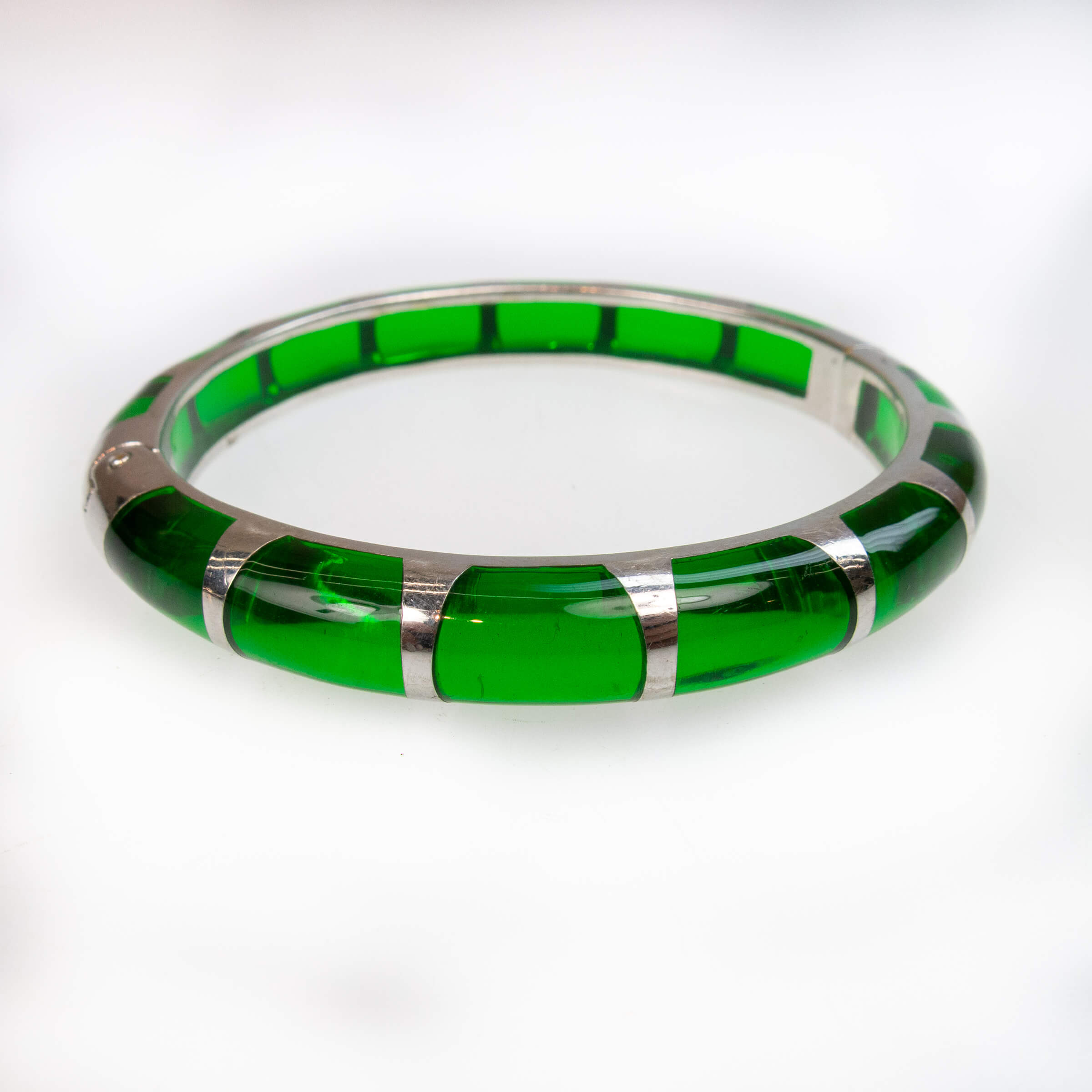 Angelique Of Paris Silver-Tone Metal And Green Resin Spring Hinged Bangle