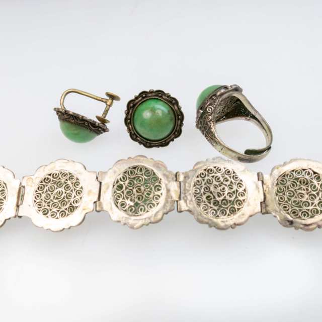 Chinese Silver Filigree Bracelet, Ring And Screw-Back Earrings