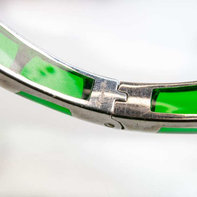 Angelique Of Paris Silver-Tone Metal And Green Resin Spring Hinged Bangle