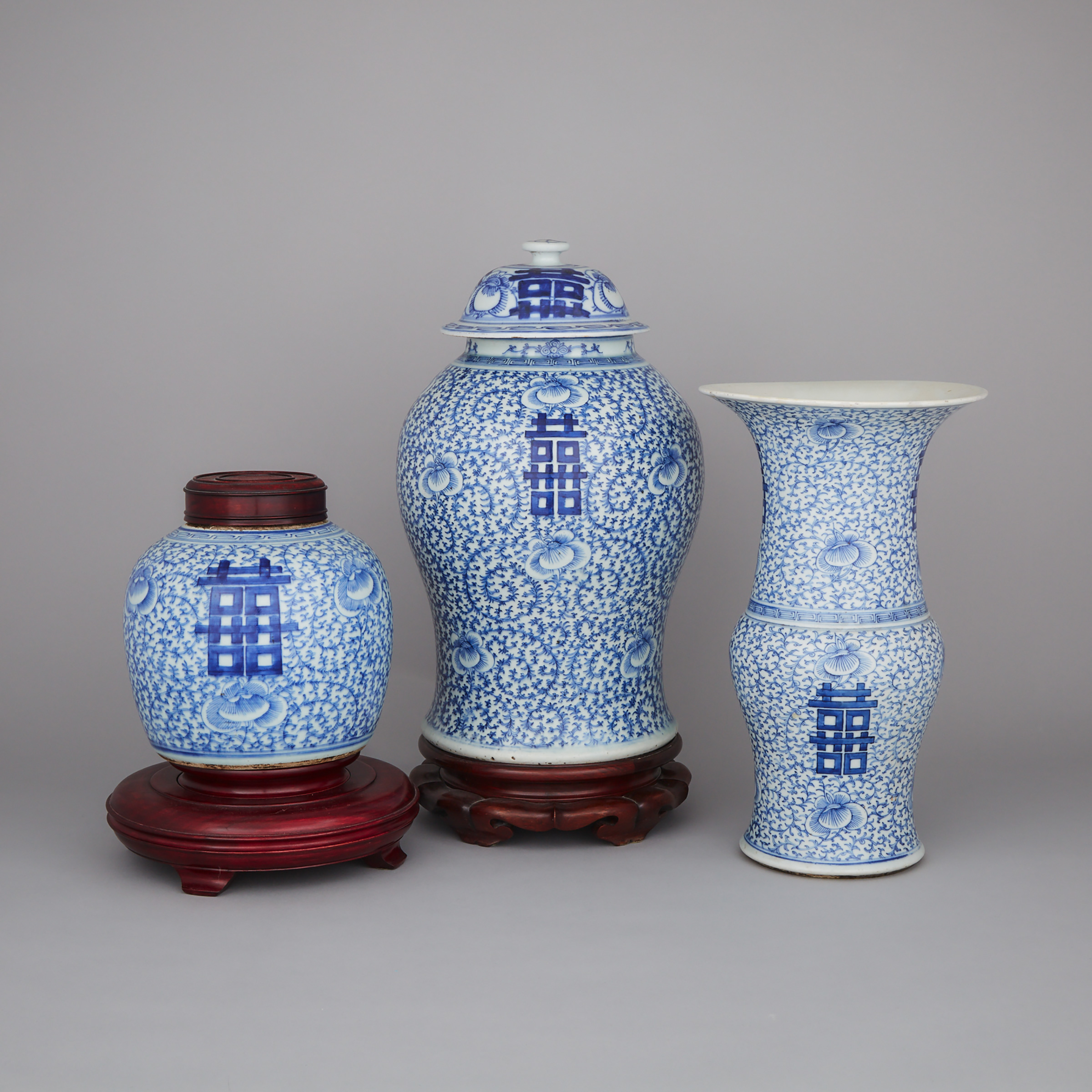 A Group of Three Blue and White ‘Double Happiness’ Vases