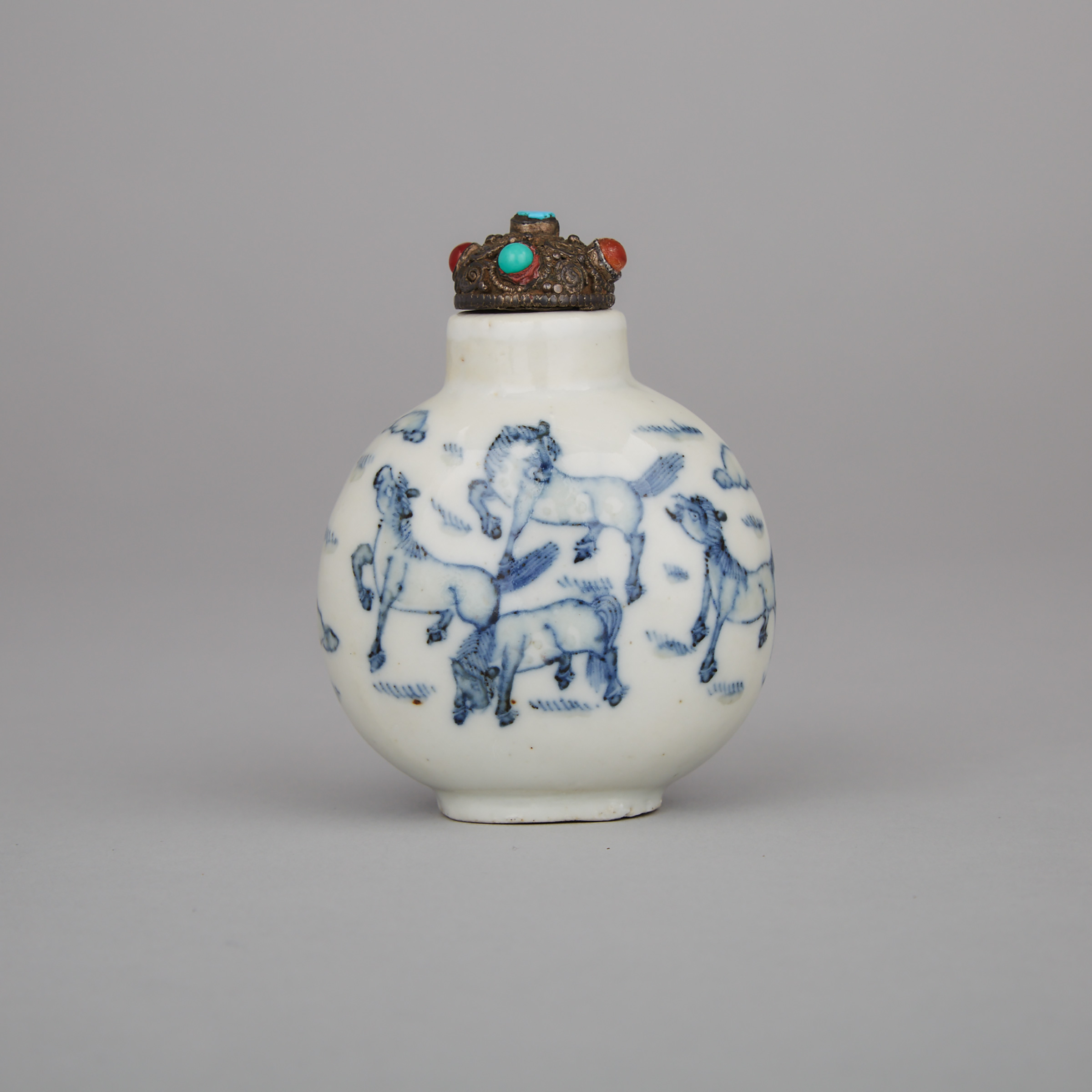 A Blue and White ‘Eight Horses’ Porcelain Snuff Bottle, Yongzheng Mark, 19th Century