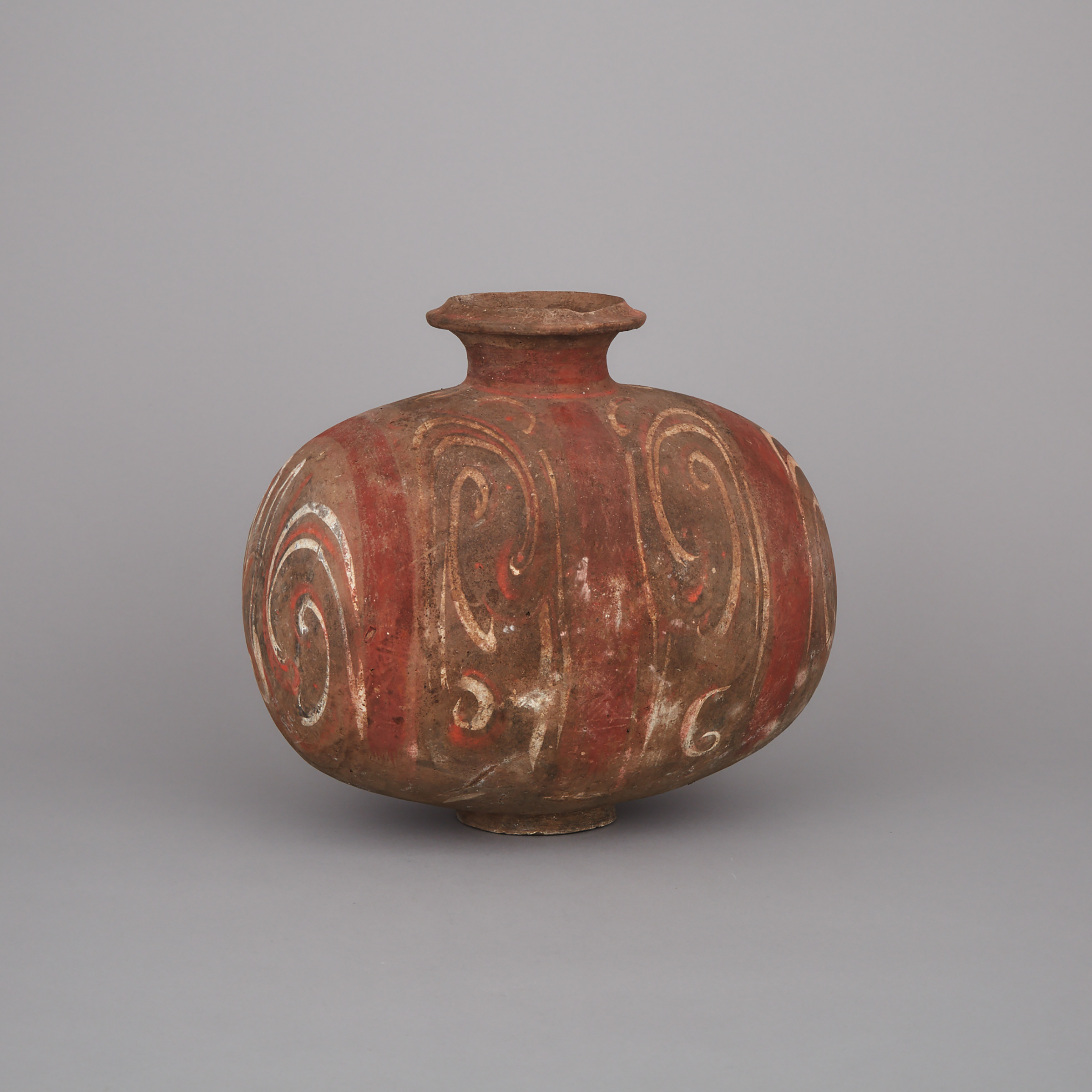 A Polychrome Decorated Black Pottery ‘Cocoon’ Jar, Han Dynasty