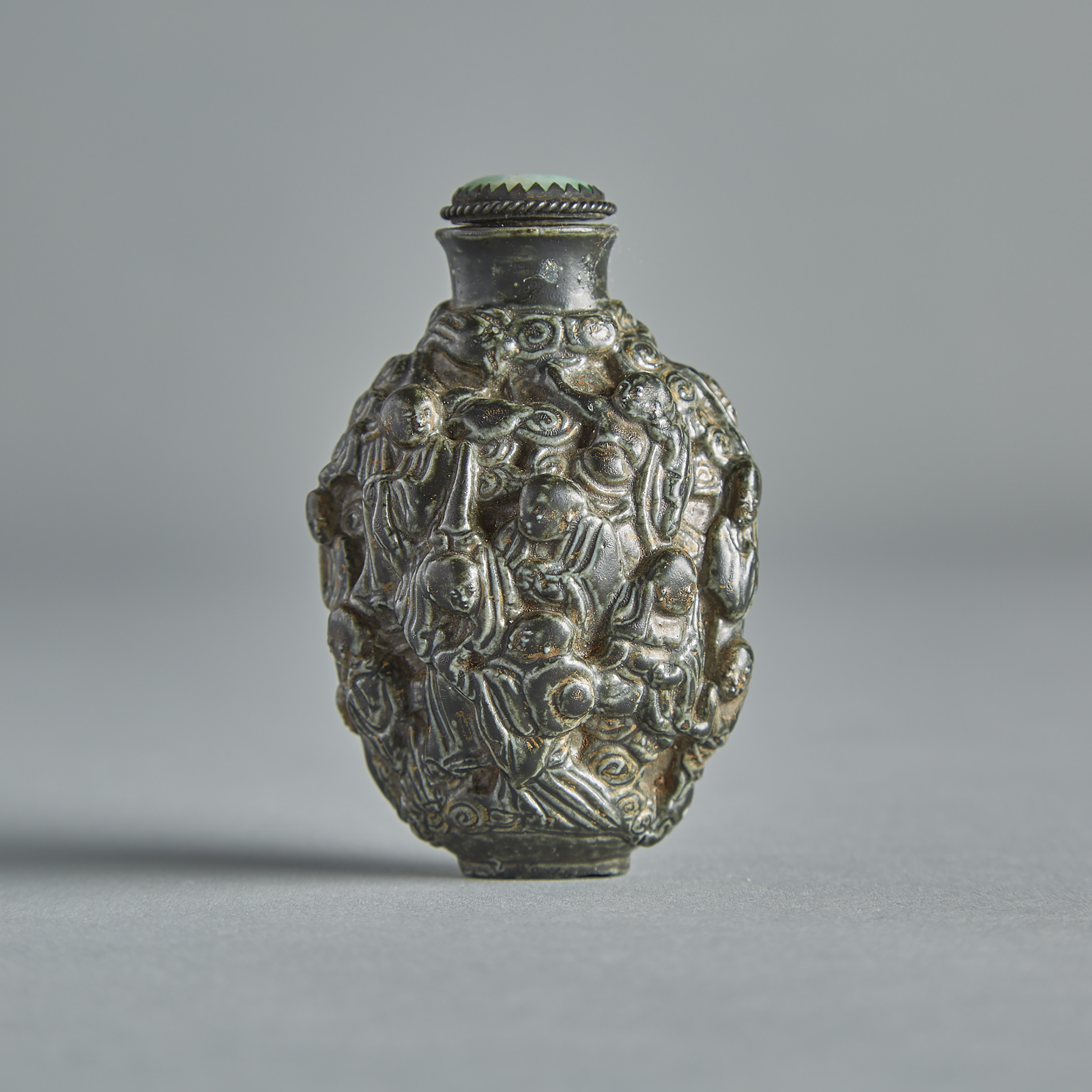 A Rare Silver-Imitation Enamel ‘Eighteen Luohans’ Porcelain Snuff Bottle, Qianlong Mark, 18th/19th Century