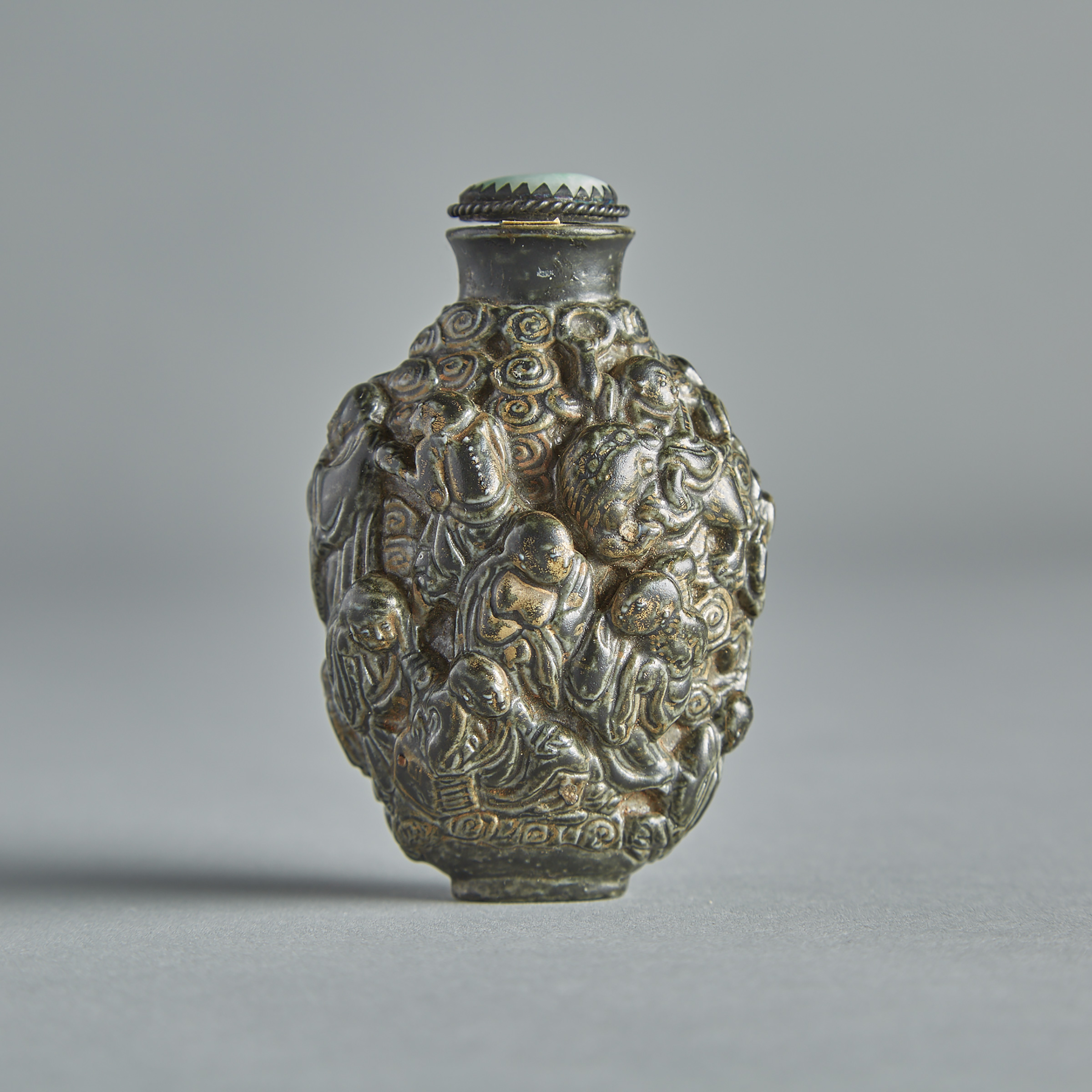 A Rare Silver-Imitation Enamel ‘Eighteen Luohans’ Porcelain Snuff Bottle, Qianlong Mark, 18th/19th Century