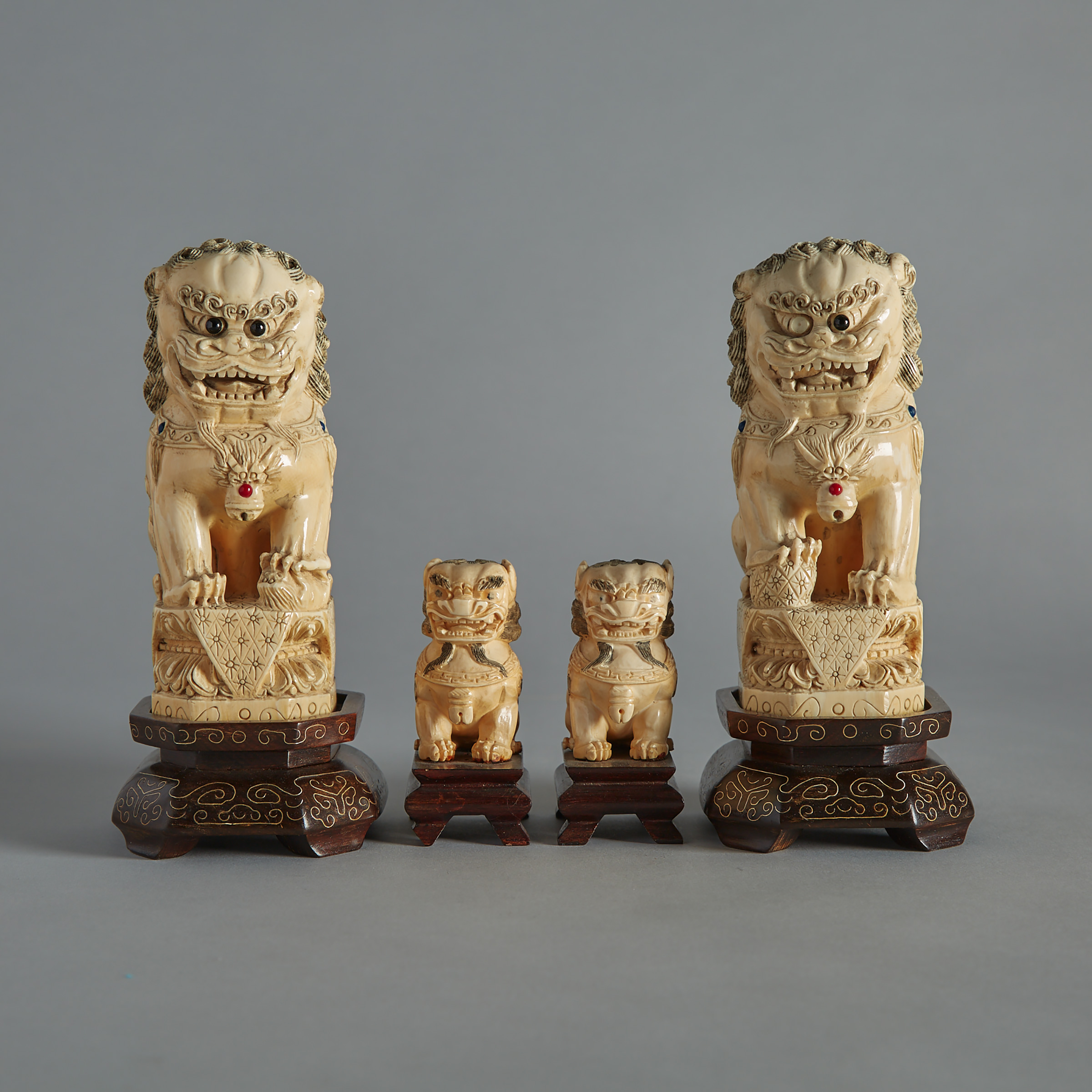 A Set of Four Ivory Carved Guardian Lions, Circa 1940