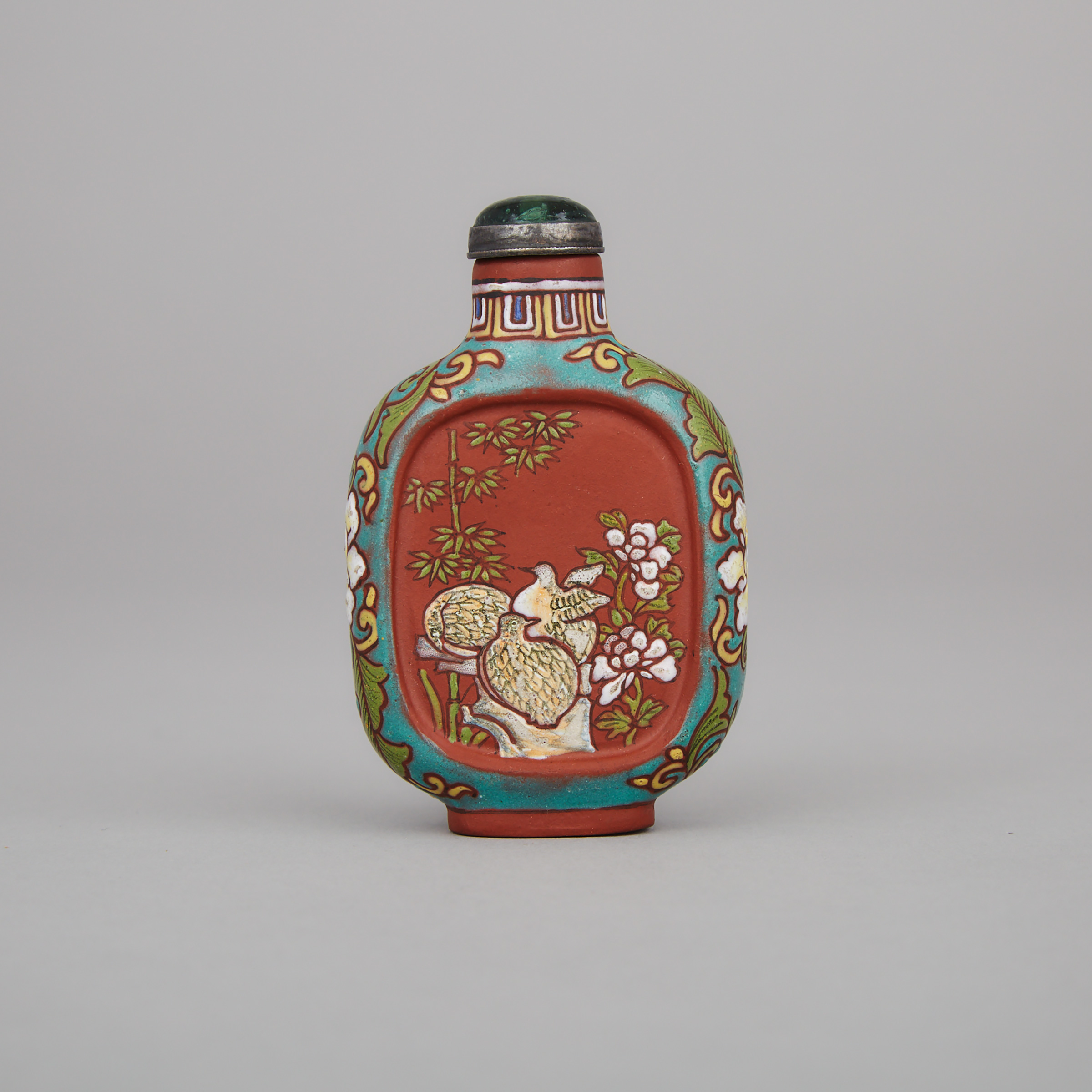 A Rare Enamel and White-Slip Decorated Yixing Stoneware Snuff Bottle, 19th Century