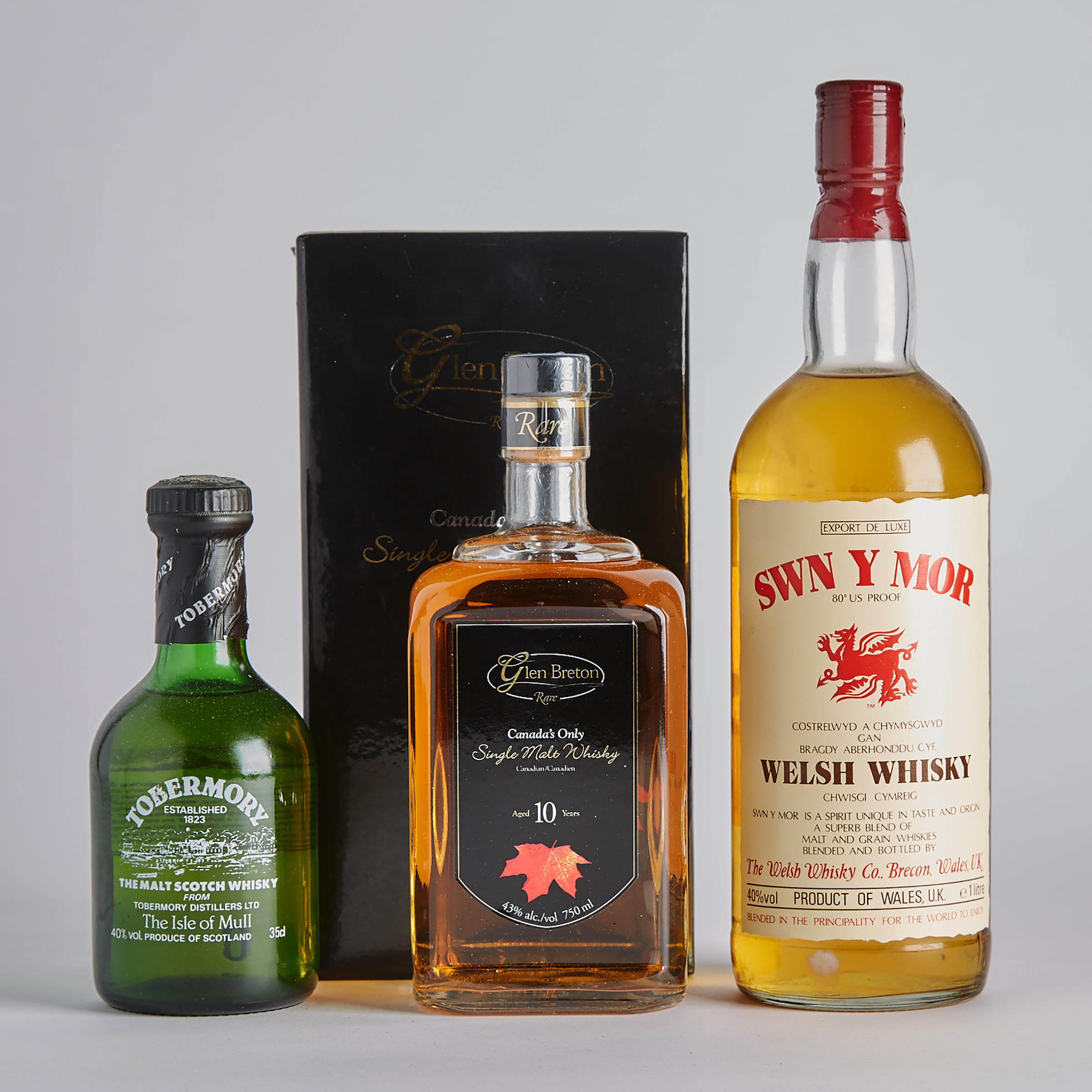 GLEN BRETON CANADIAN SINGLE MALT WHISKY 10 YEARS (ONE 750 ML)
SWN Y MOR (ONE 1000 ML)
TOBERMORY THE MALT SCOTCH WHISKY 10 YEARS (ONE 35 CL)