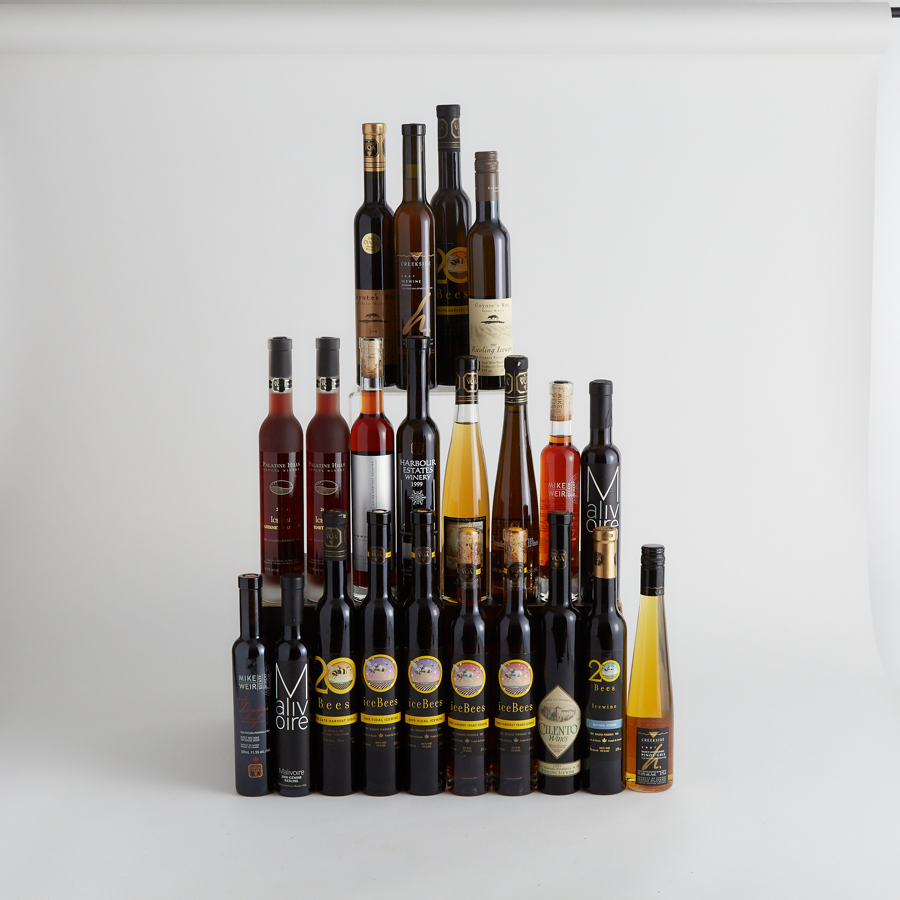 20 BEES ICE BEES CABERNET FRANC ICEWINE 2005 (2 HF. BT.)
20 BEES ICE BEES VIDAL ICEWINE 2005 (2 HF. BT.)
20 BEES VIDAL ICEWINE 2012 (1 HF. BT.)
20 BEES VIDAL LATE HARVEST 2006 (2 HF. BT.)
CILENTO WINES RIESLING ICEWINE 1999 (1 HF. BT.)
COYOTE'S RUN ESTATE WINERY RIESLING ICEWINE 2004 (1 HF. BT.)
COYOTE'S RUN ESTATE WINERY RIESLING ICEWINE 2007 (1 HF. BT.)
CREEKSIDE ESTATE WINERY PINOT GRIS SELECT LATE HARVEST 2007 (1 HF. BT.)
CREEKSIDE ESTATE WINERY RIESLING ICEWINE 2007 (1 HF. BT.)
HARBOUR ESTATES WINERY RIESLING ICEWINE 1999 (1 HF. BT.)
HERNDER ESTATES RIESLING LATE HARVEST 1996 (1 HF. BT.)
MALIVOIRE RIESLING ICEWINE 2008 (1 200 ML.)
MALIVOIRE RIESLING ICEWINE 2009 (1 200 ML.)
MIKE WEIR ESTATE WINERY CABERNET SAUVIGNON ICEWINE 2006 (1 200 ML.)
MIKE WEIR ESTATE WINERY CABERNET SHIRAZ ICEWINE 2006 (1 200 ML.)
PALATINE HILLS ESTATE WINERY CABERNET SAUVIGNON ICEWINE 2006 (2 HF. BT.)
SPRUCEWOOD WINES RIESLING TRAMINER VIDAL LATE HARVEST 2007 (1 HF. BT.)
WAYNE GRETSKY ESTATES SHIRAZ ICEWINE 2006 (1 HF. BT.)