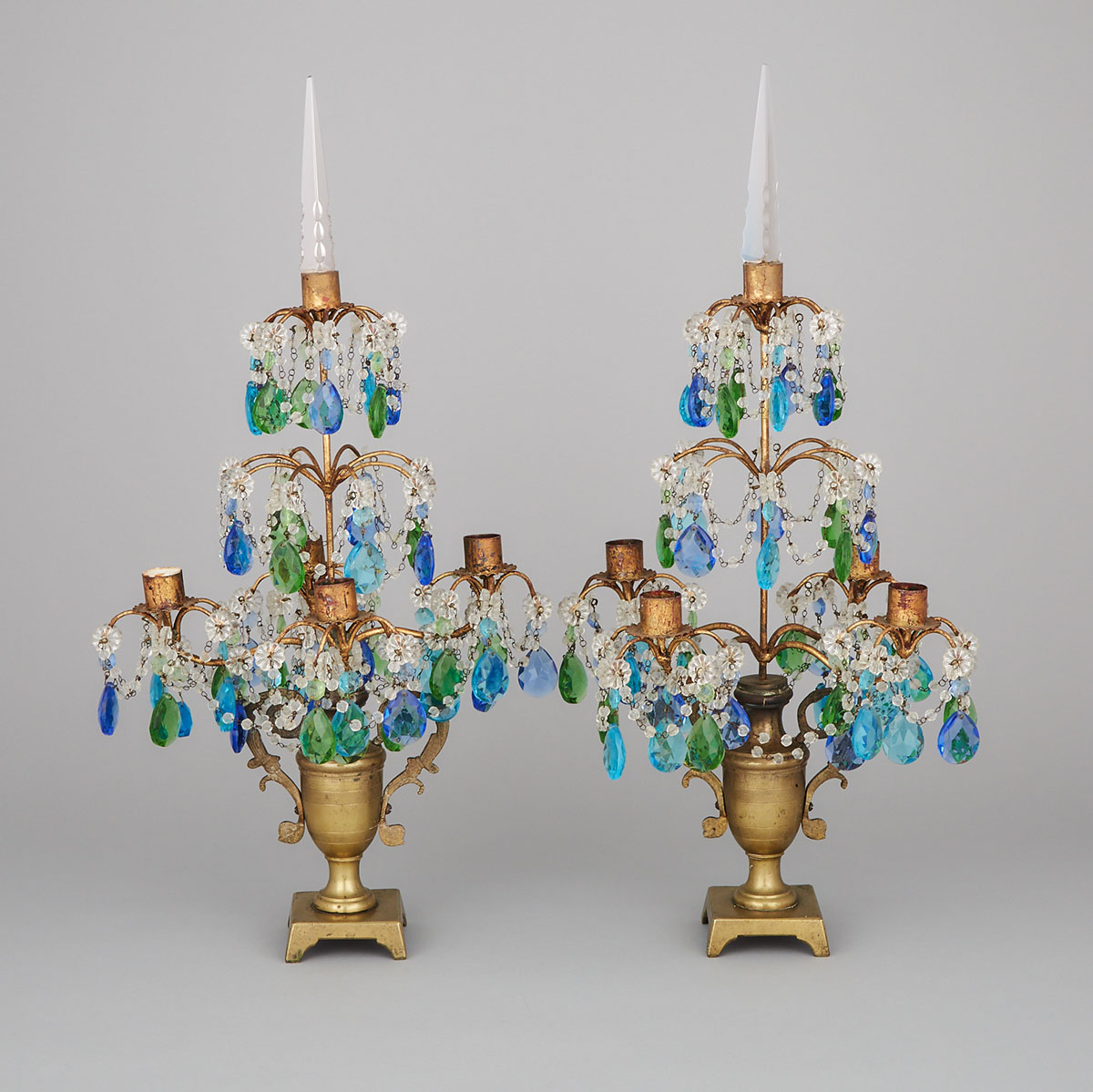 Pair of Italian Gilt Metal and Coloured Glass Girandoles, early-mid 20th century