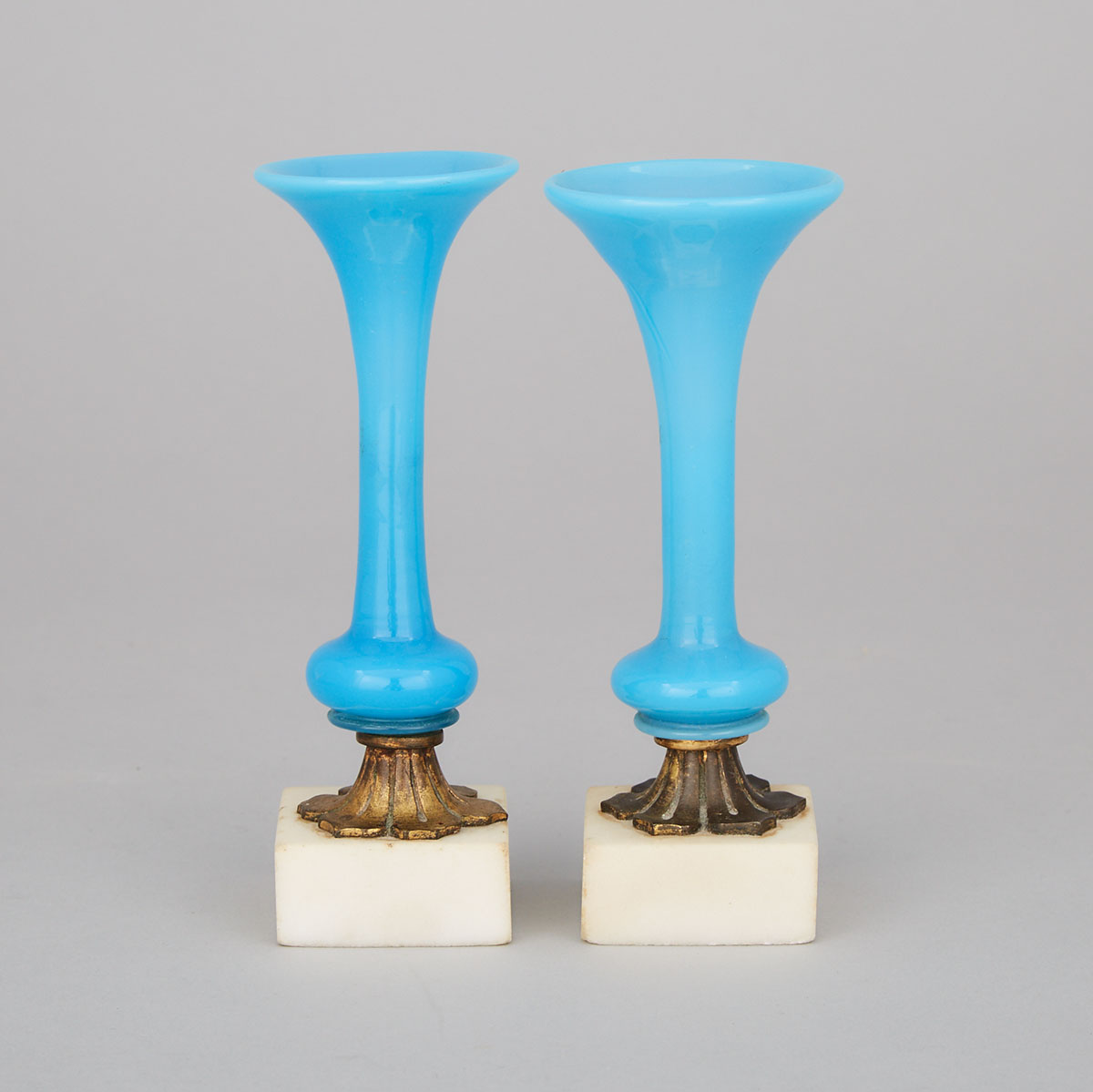 Pair of French Gilt Bronze Mounted Blue Opaline Glass Bud Vases, mid 19th century