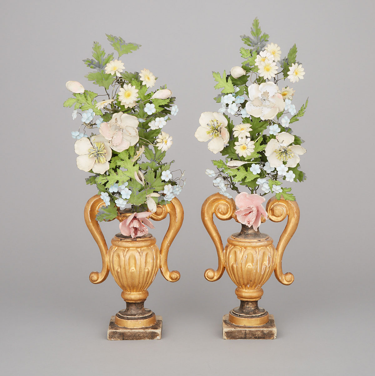 Pair of Italian Giltwood and Tole Bouquet Form Garnitures, mid 20th century