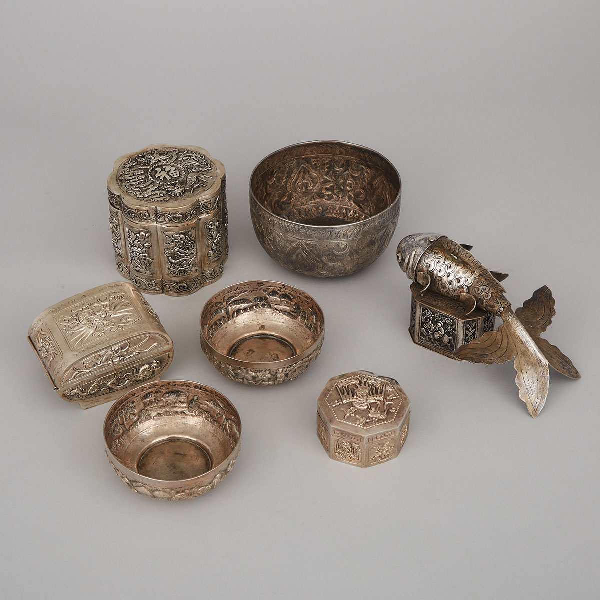 Four Eastern Silver Boxes and Three Bowls, late 19th/early 20th century