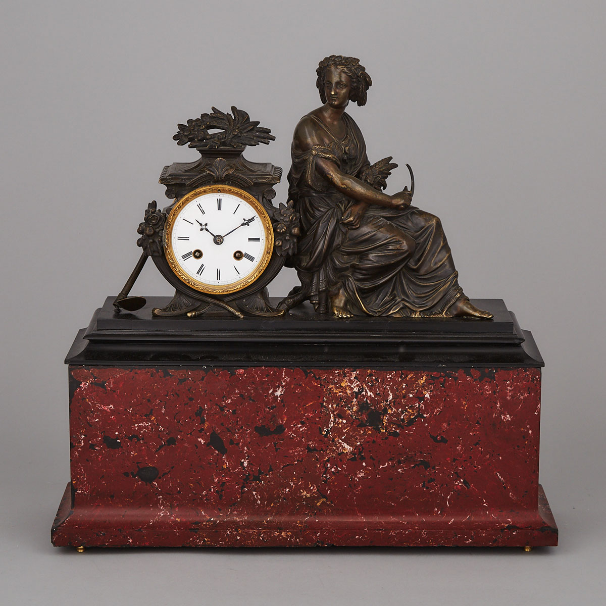 French Patinated Bronze and Painted Marble Figural Mantle Clock, c.1880