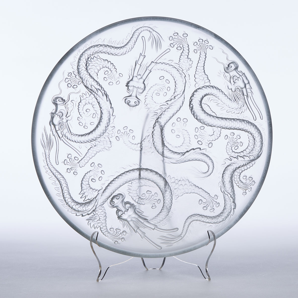 Moulded and Frosted Glass 'Dragons' Shallow Bowl, probably Barolac, 1930s