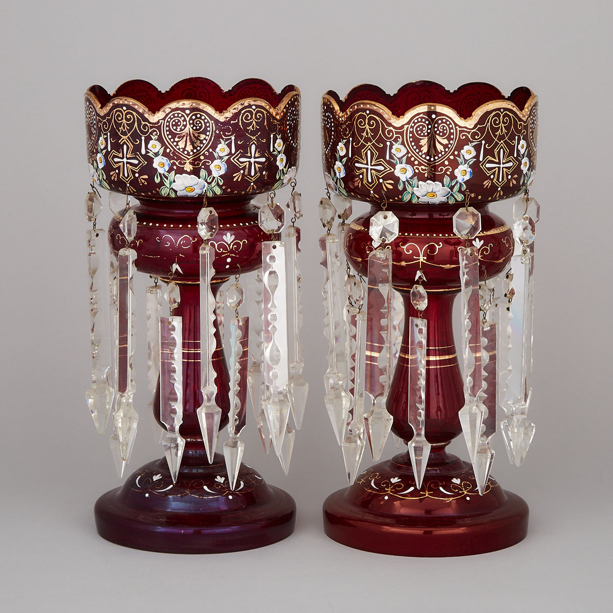 Pair of Enameled and Gilt Red Glass Lustres, late 19th century
