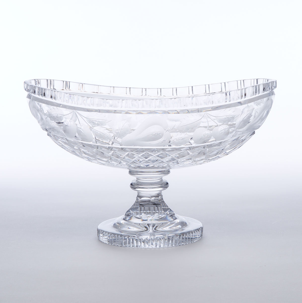 English Cut and Etched Glass Pedestal Footed Oval Bowl, 20th century