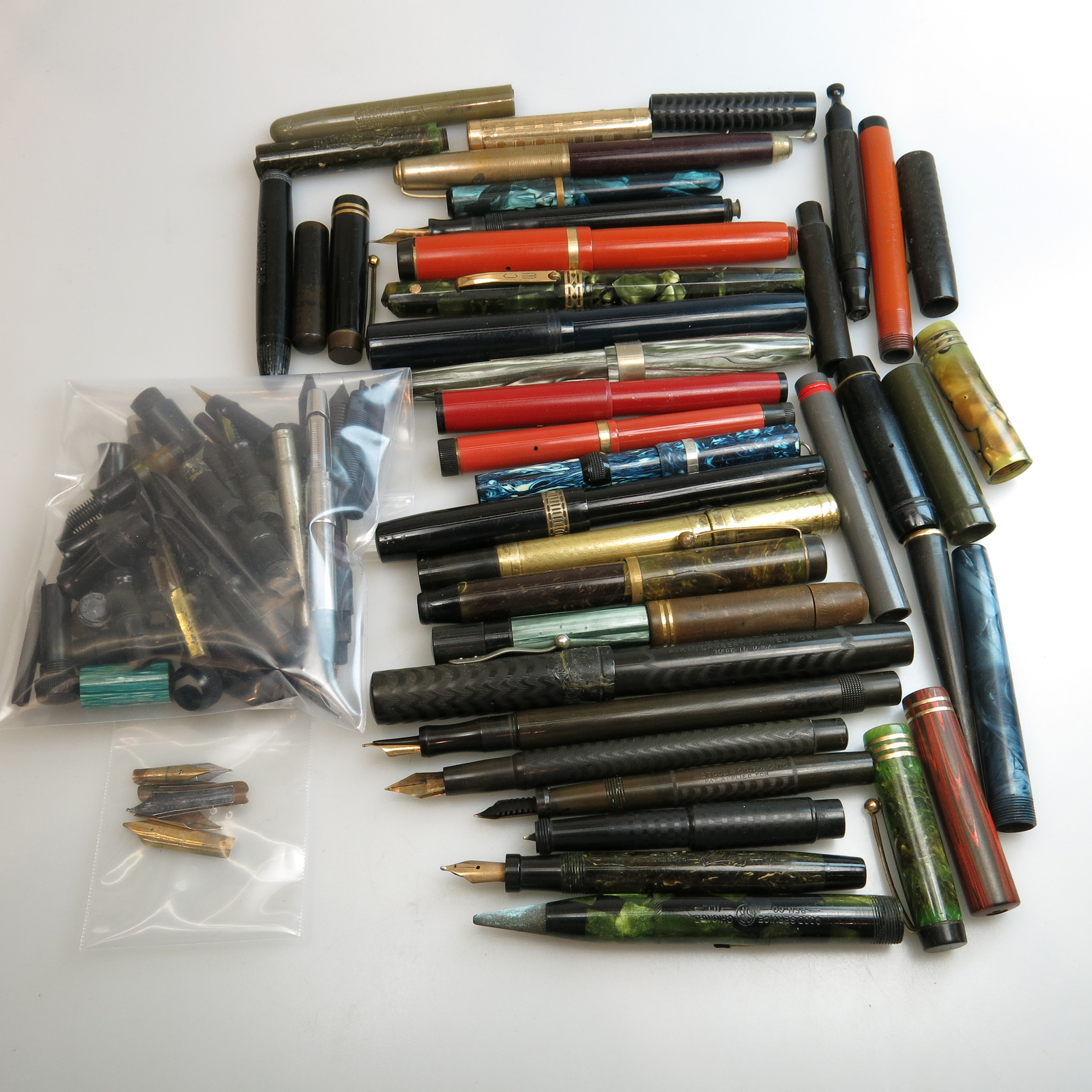 Quantity Of Various Pen Barrels, Caps, Feeders, Nibs, Etc.