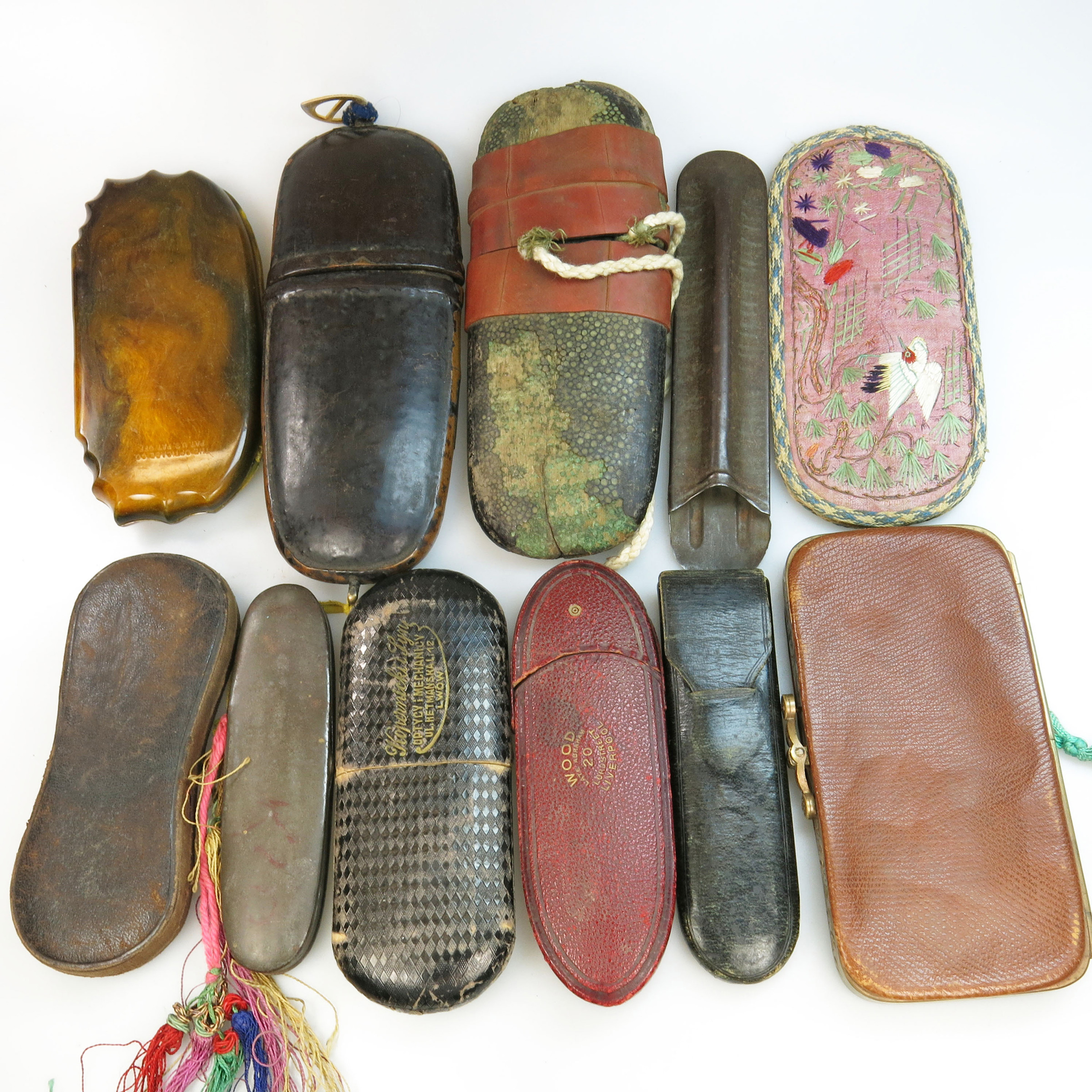 53 Various Spectacle Cases including examples in metal, wood, leather, shagreen, lacquer, and embroidered silk