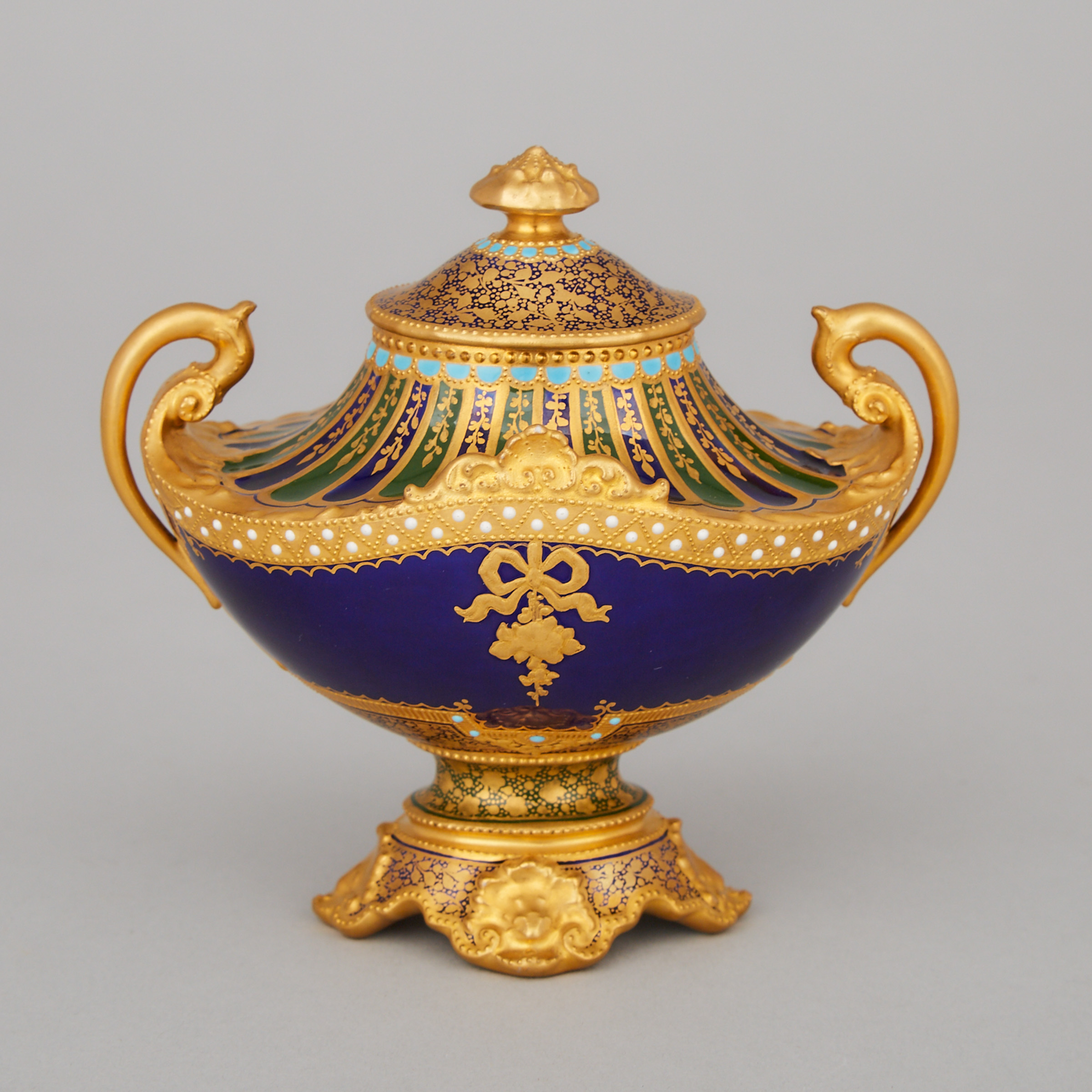 Royal Crown Derby 'Jeweled' Two-Handled Cabinet Vase and Cover, Désiré Leroy, 1900