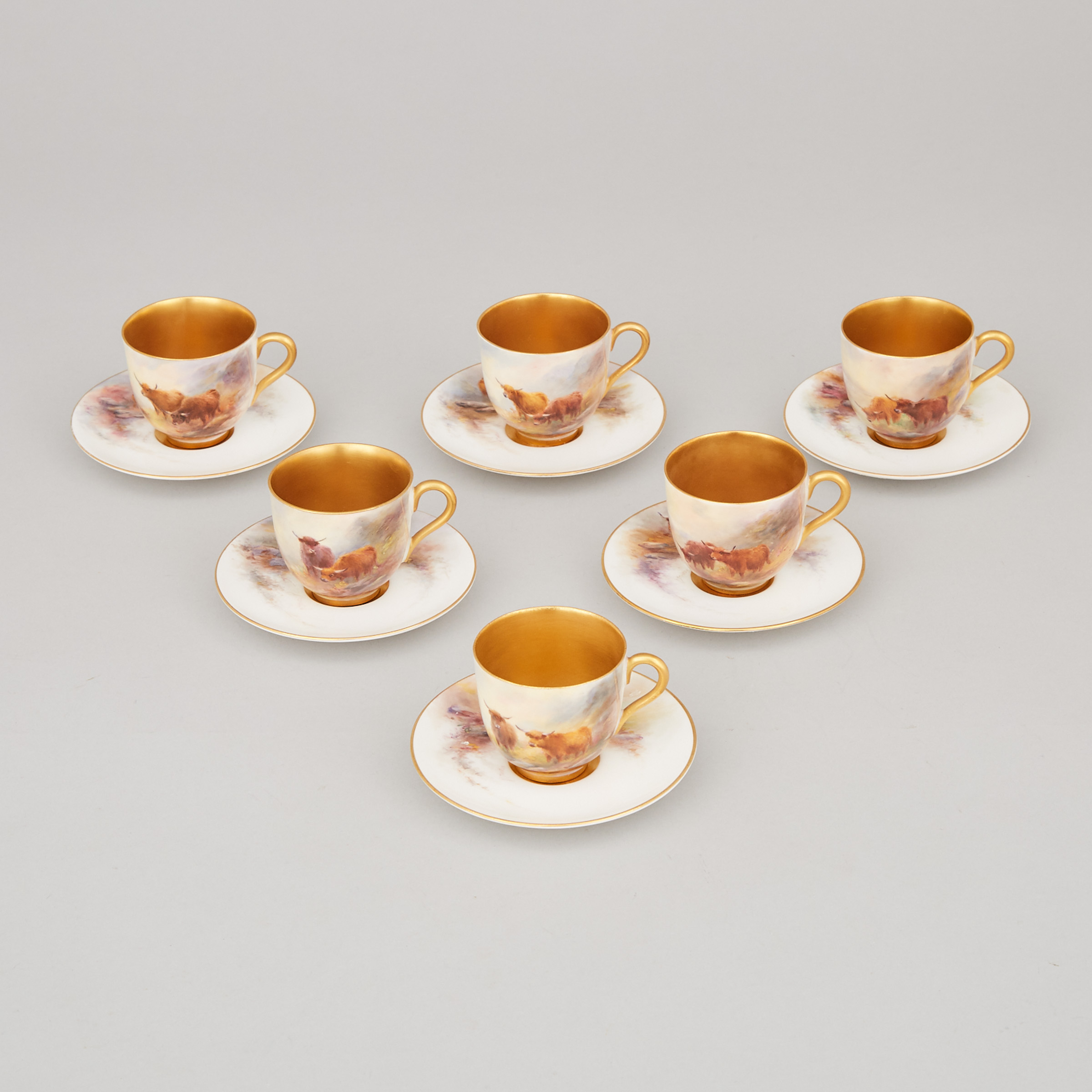 Six Royal Worcester Coffee Cups and Saucers, Harry Stinton, 1912-13