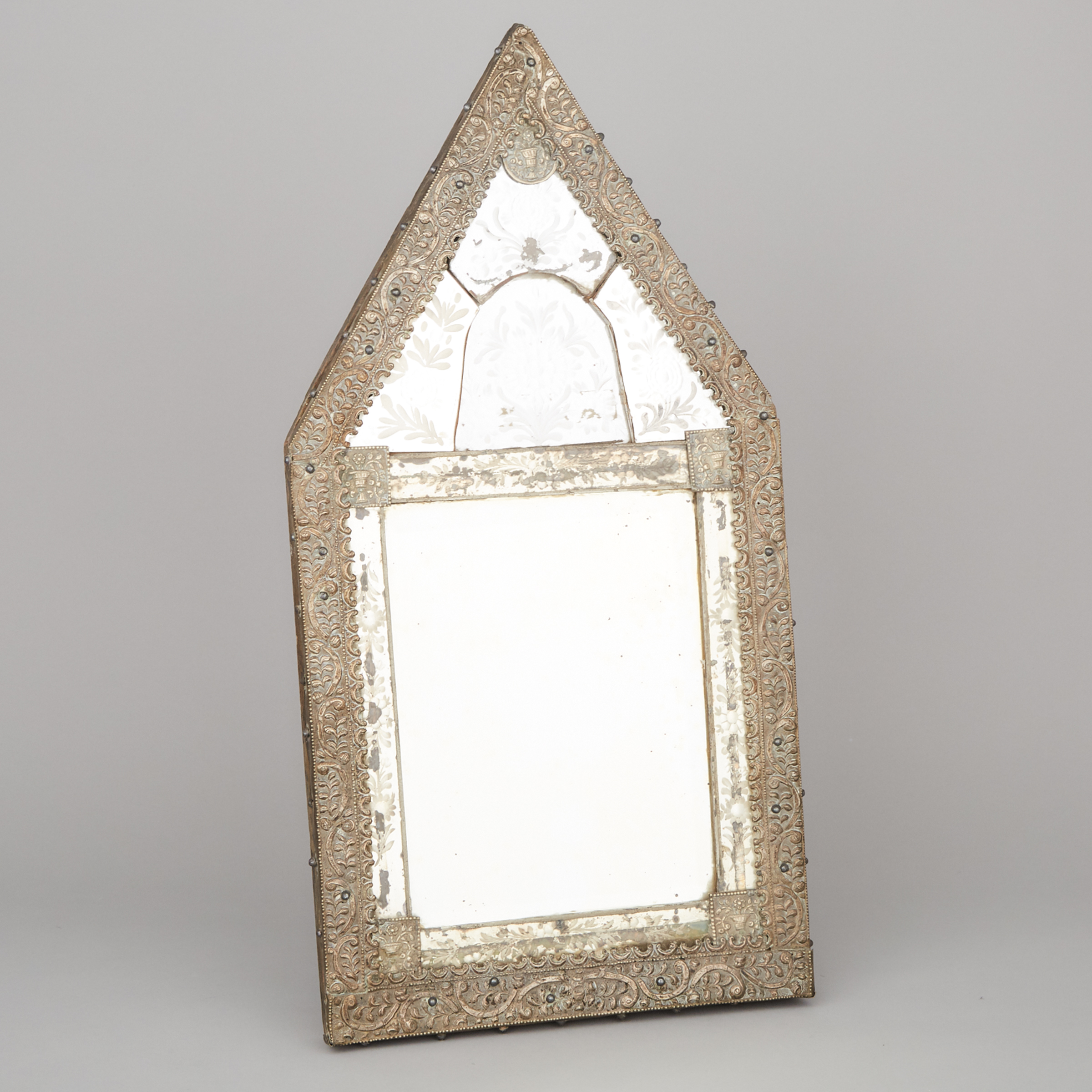 Italian Silver Mounted Etched Glass Easel Mirror, 17th century
