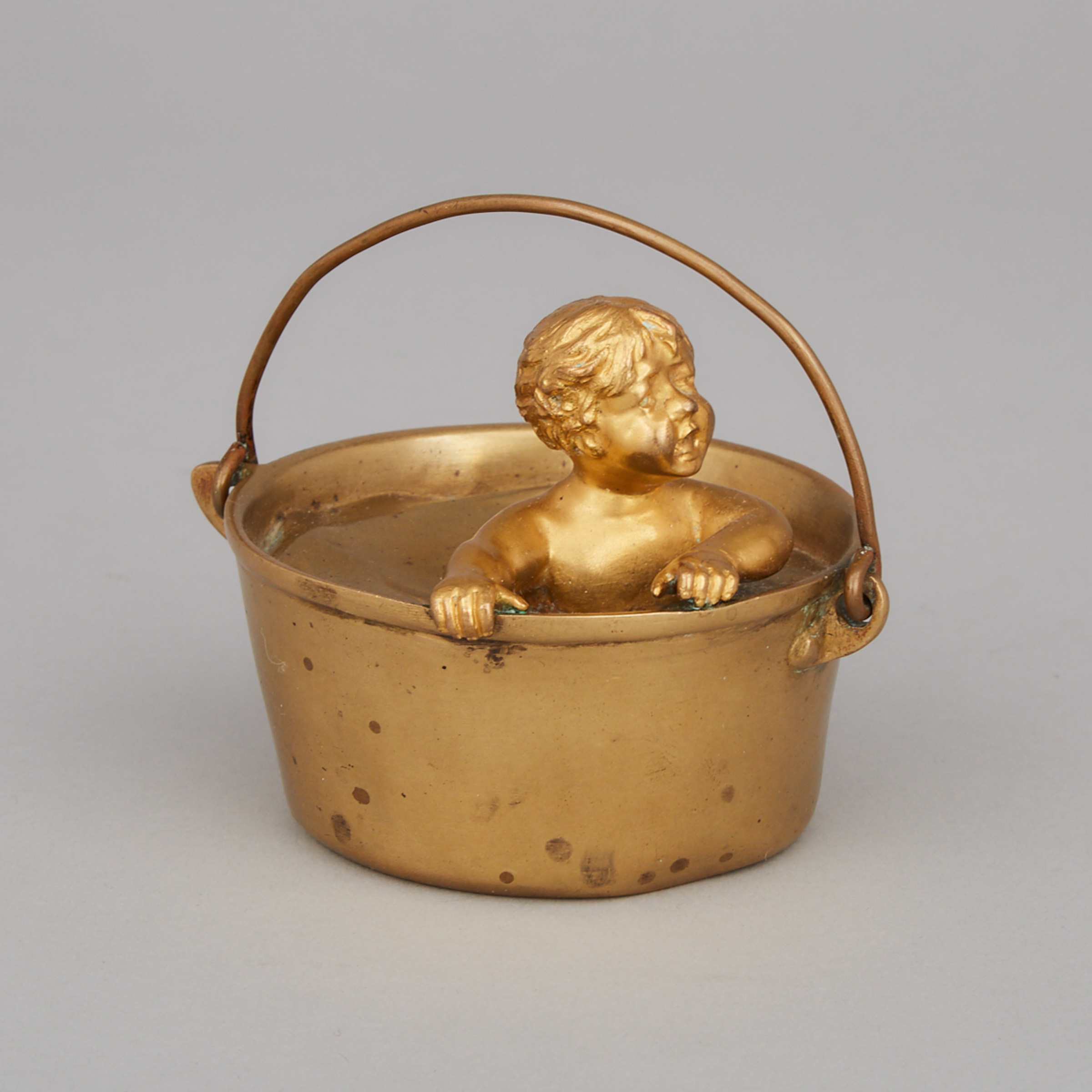 French Gilt Bronze Model of a Baby in a Bath Cauldron, c.1900