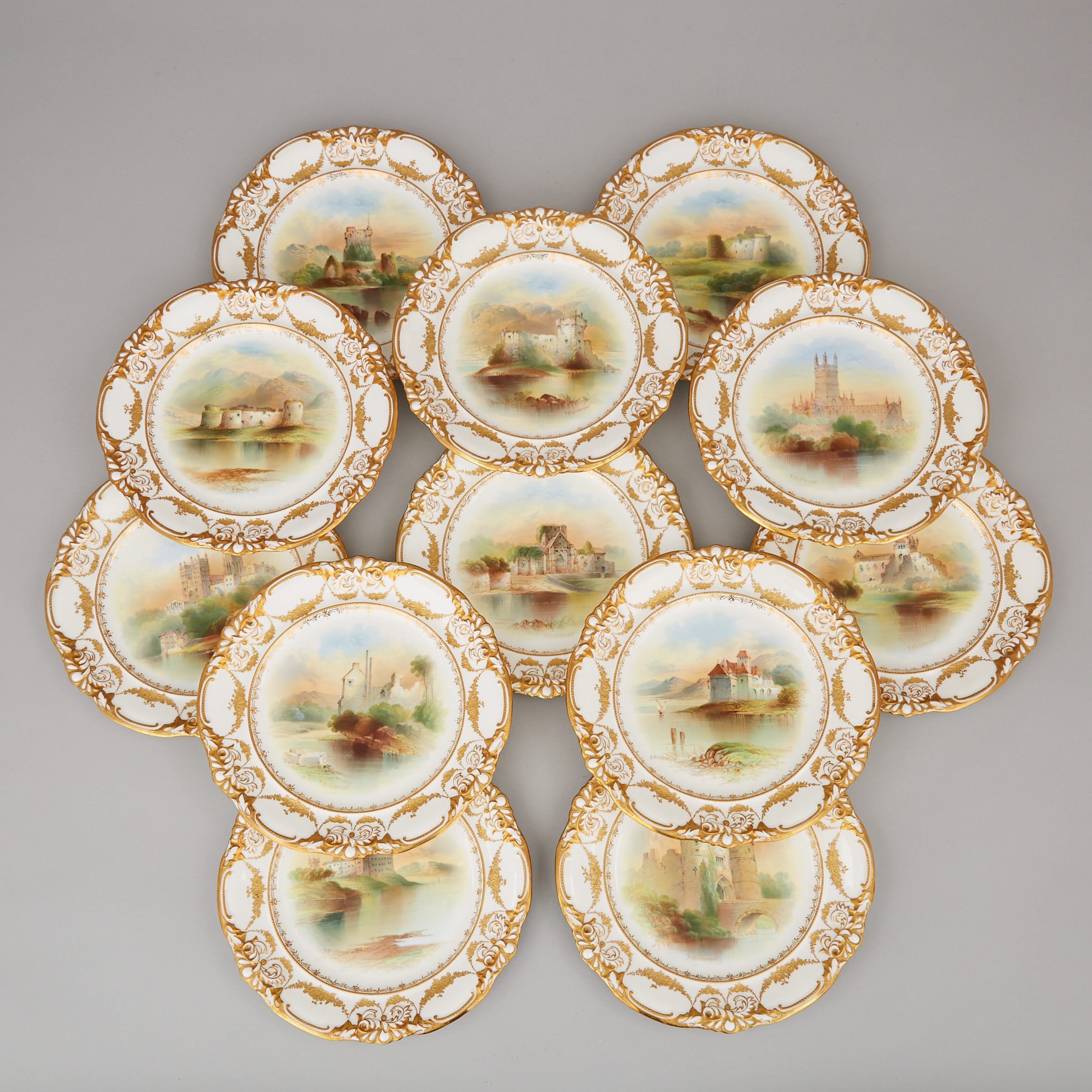 Set of Twelve Hammersley Topographical Dessert Plates, F. Micklewright, early 20th century