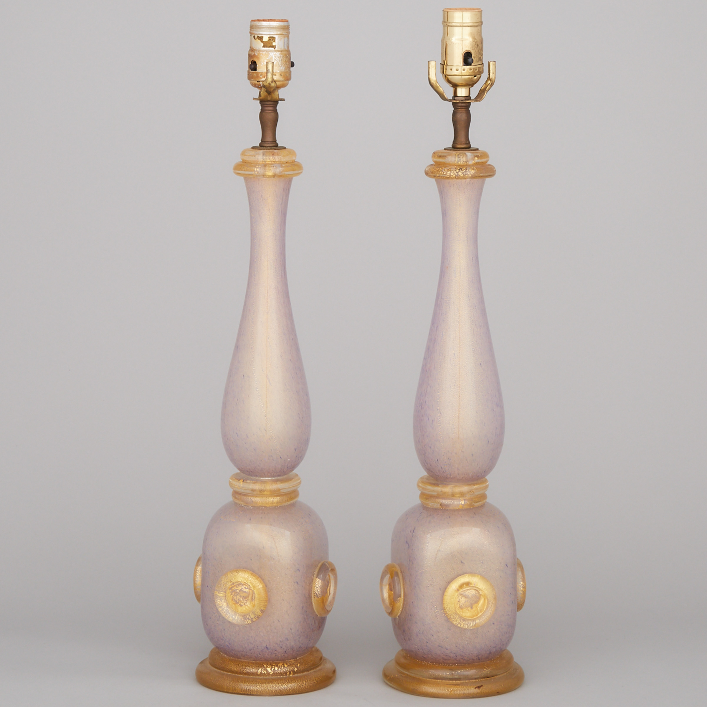 Pair of Barovier & Toso Mottled Amethyst and Gold Aventurine Glass Table Lamps, mid-20th century