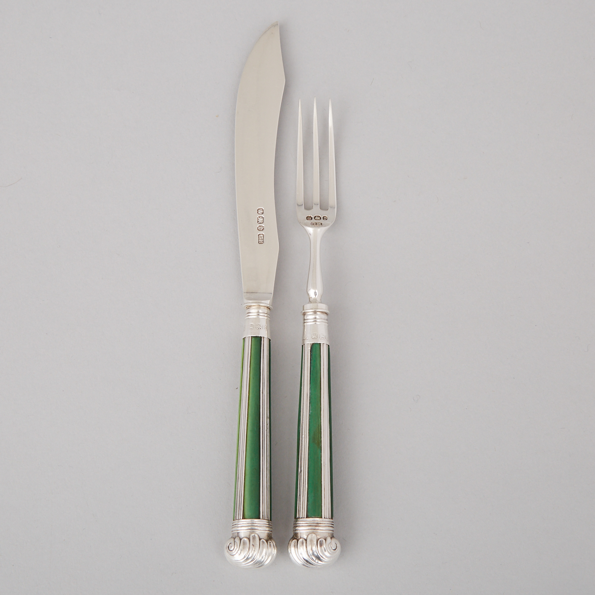 Late Victorian Silver and Green Stained Ivory Dessert Service, Harrison Brothers & Howson, Sheffield, 1896