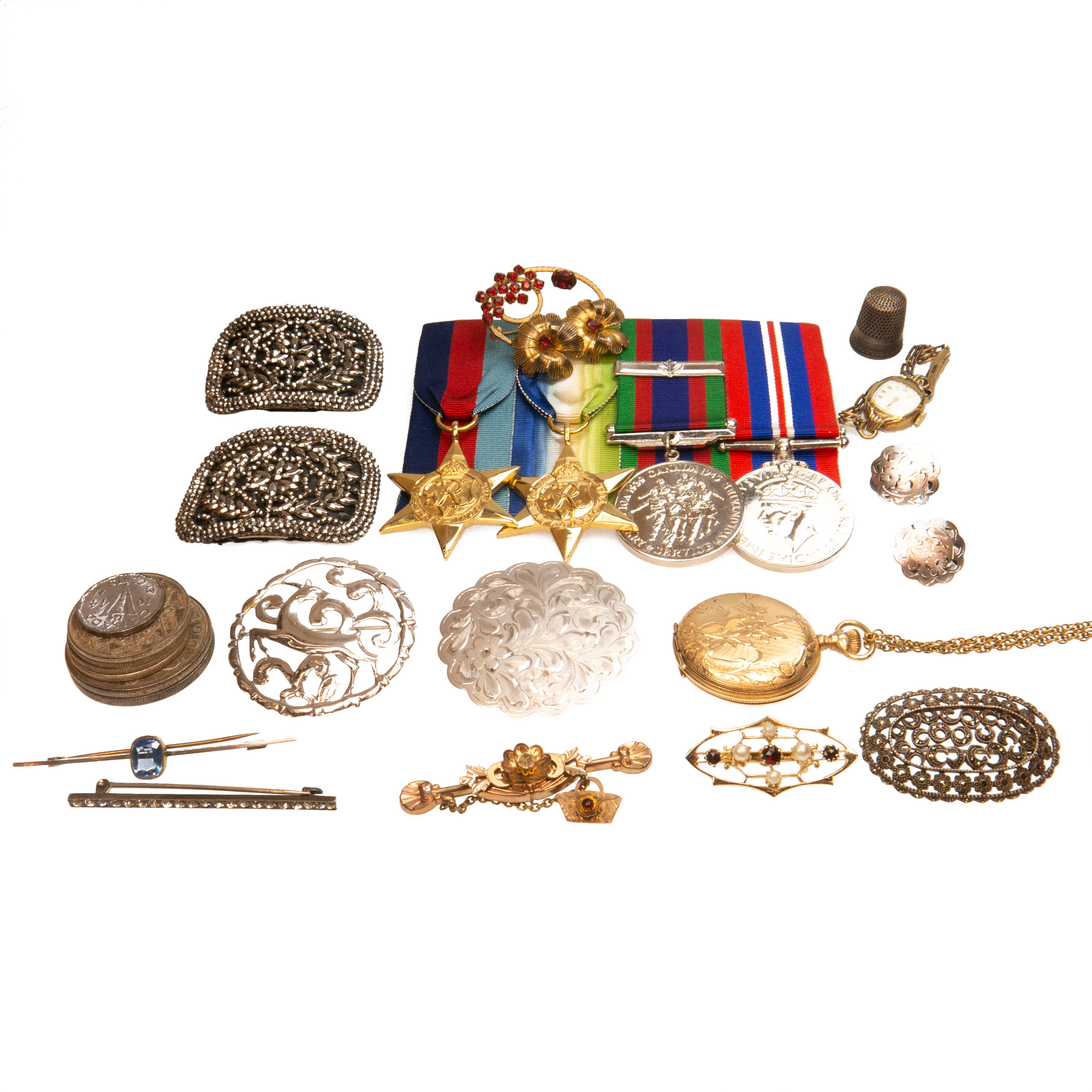 Small Quantity Of War Medals, Coins, Silver And Costume Jewellery Etc.