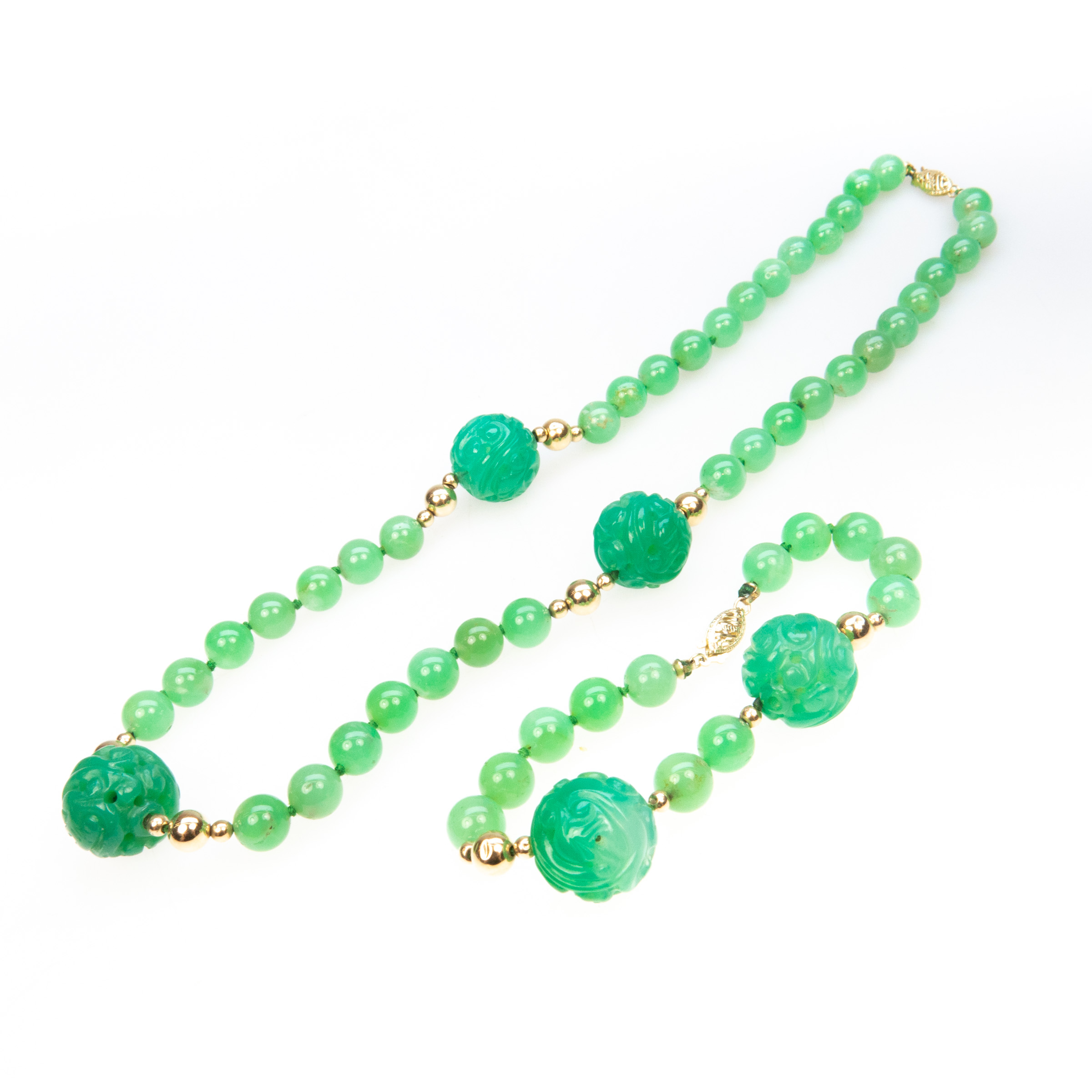 Chrysoprase Bead And Carved Bead Necklace And Bracelet