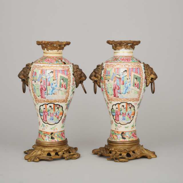 A Pair of Bronze Mounted Canton Famille Rose Vases, 19th Century