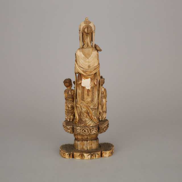An Ivory Carved Kannon Group Okimono, Meiji Period