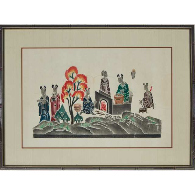 A Group of Four Framed Thai and Chinese Rice Paper Rubbings