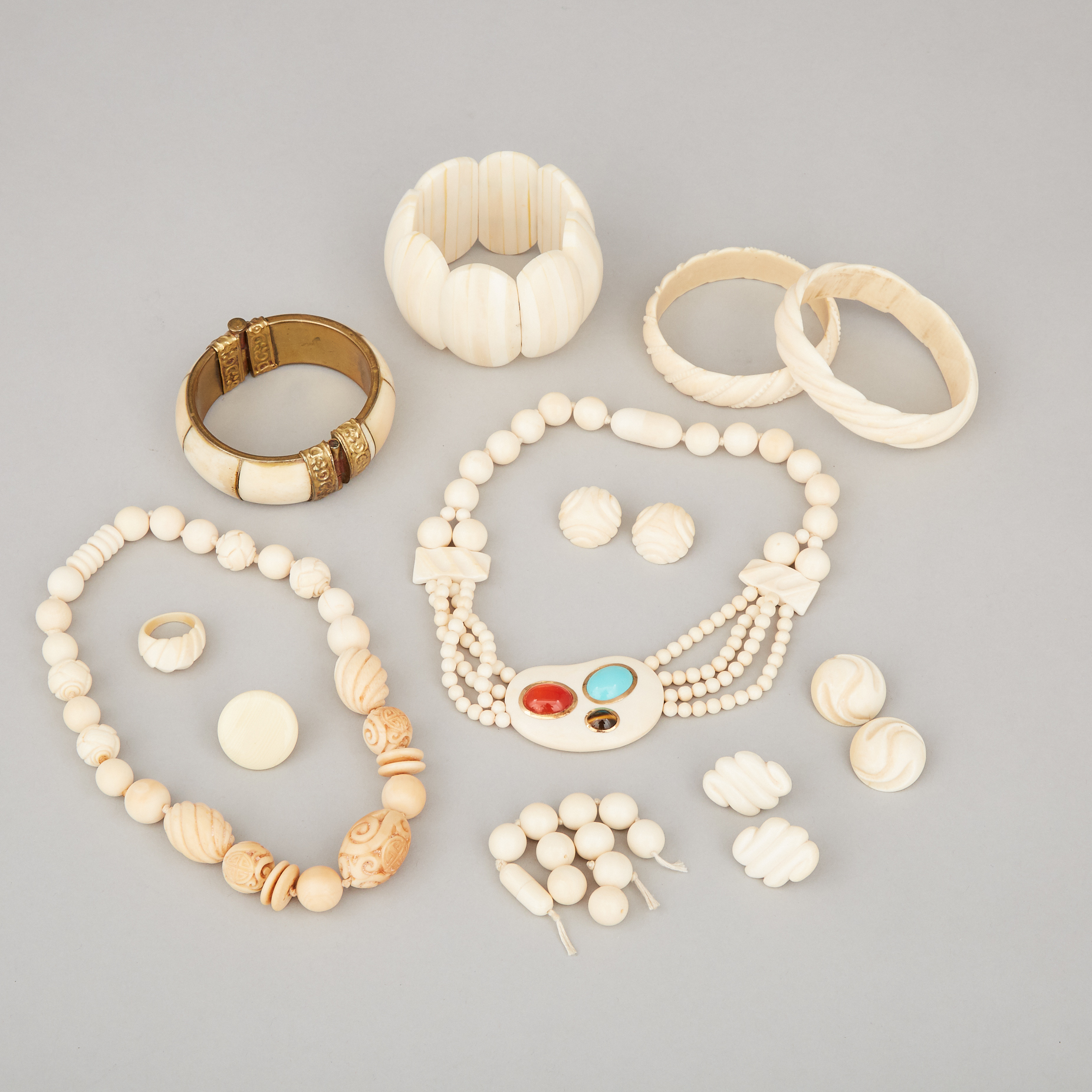 A Group of Ivory Carved Jewellery, Mid-20th Century
