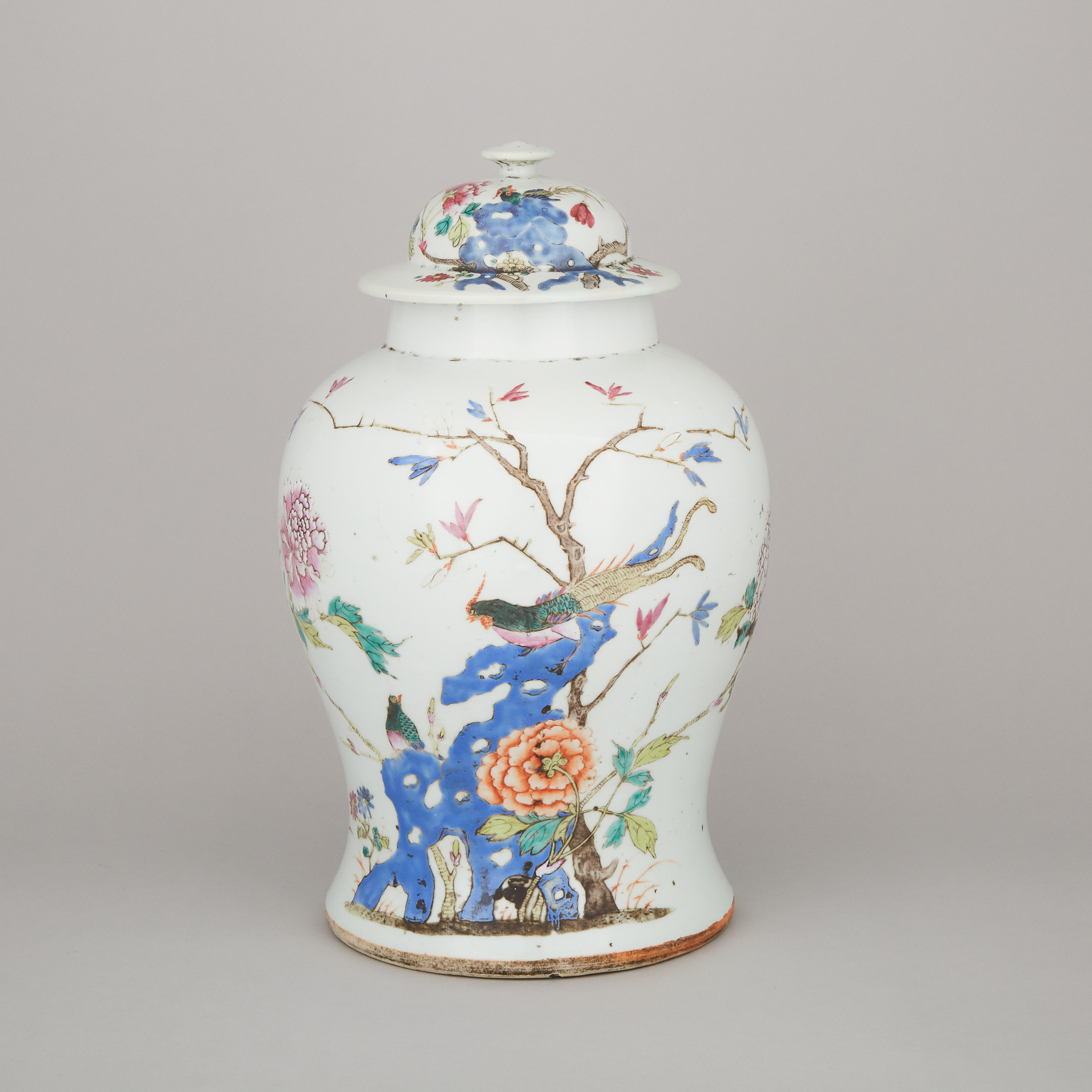 A Famille Rose 'Peacock' Lidded Temple Jar, 19th Century