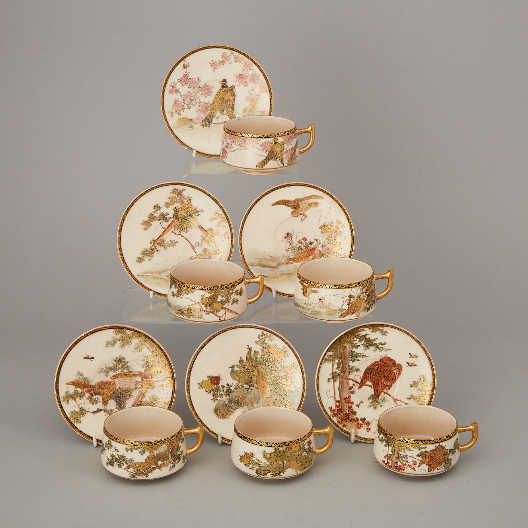 A Set of Six Satsuma 'Bird' Teacups and Saucers, Meiji Period