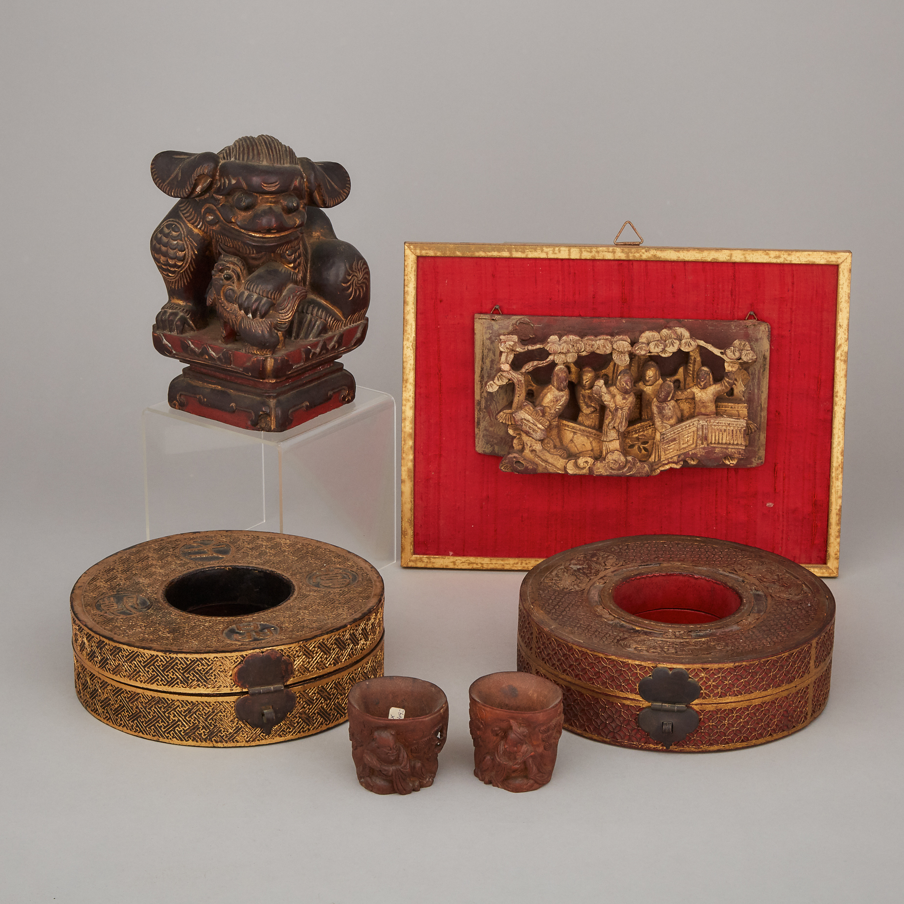 A Group of Six Chinese Lacquer, Bamboo and Wood Carved Wares, 19th Century