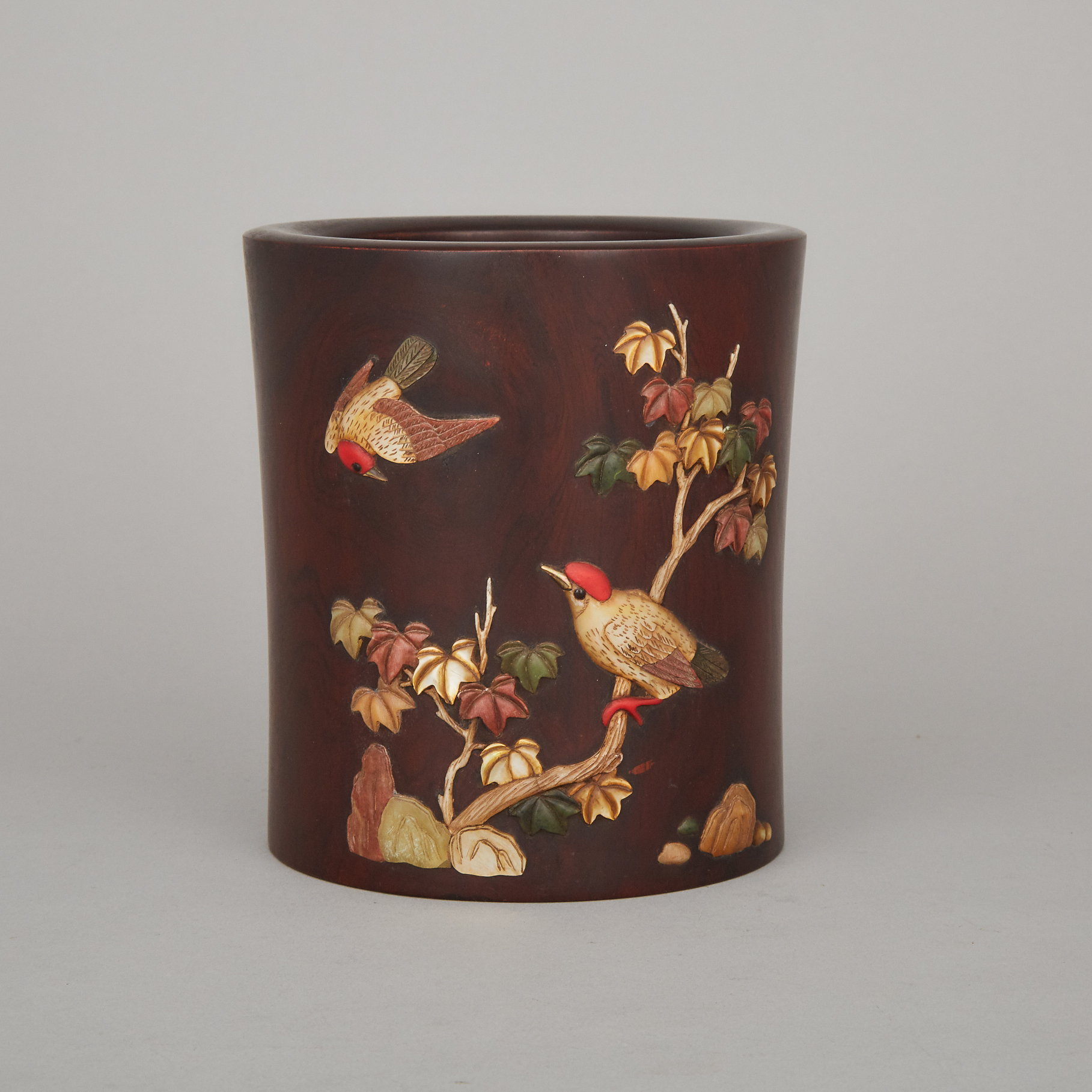 A Mother-of-Pearl and Soapstone Inlaid Wood Brushpot