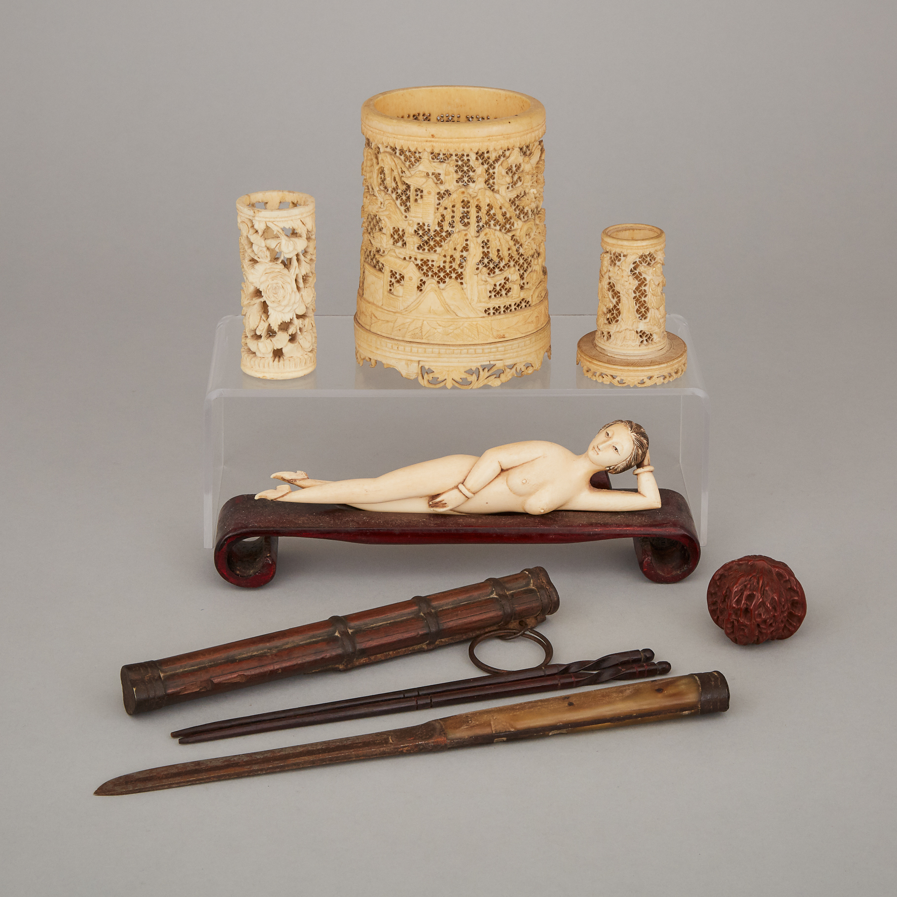 A Group of Six Chinese Ivory, Bamboo, and Nut Carved Items, Early 20th Century